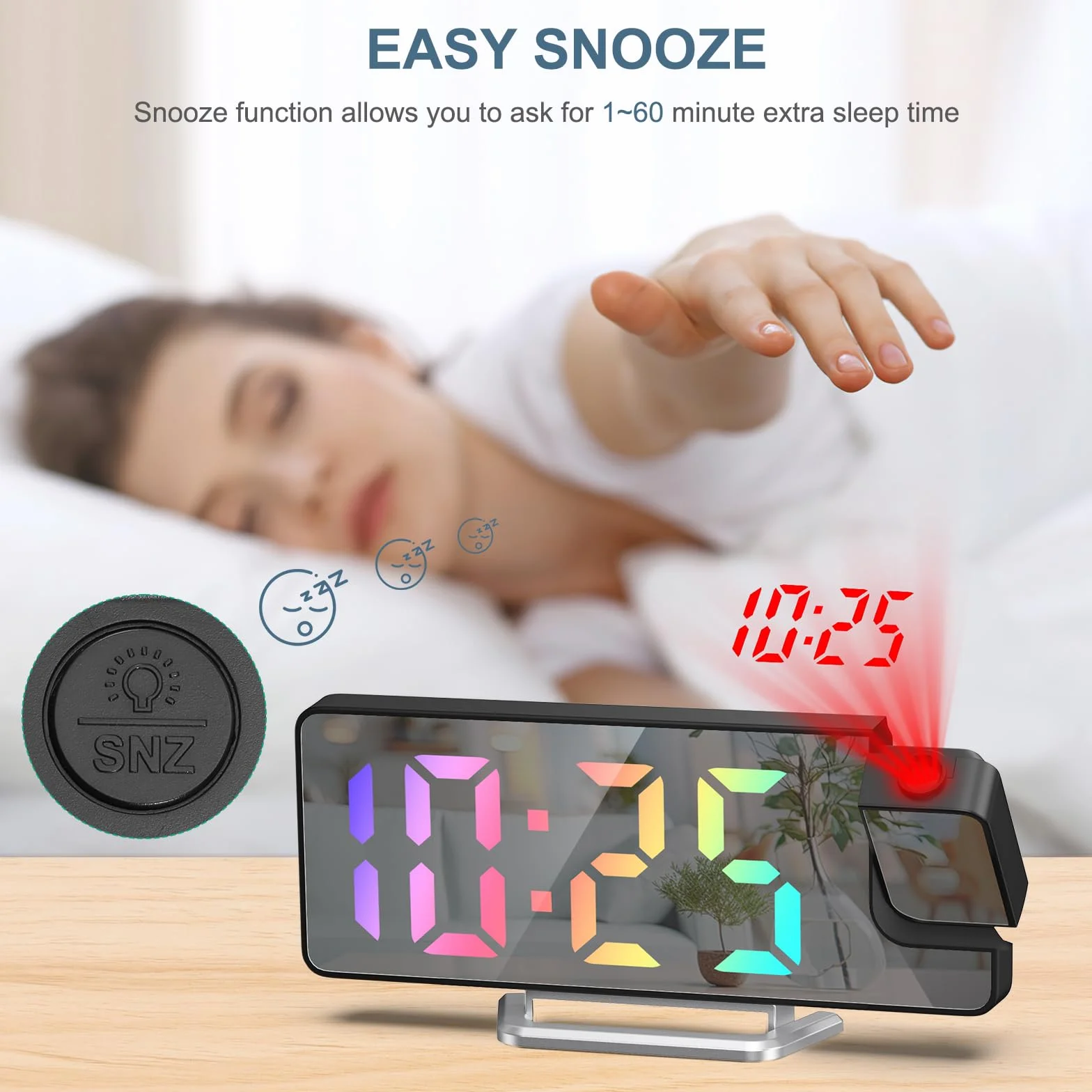 New Projection Alarm Clock, cyfrowy budzik z wyświetlaczem temperatury, 180° Flip Projection Clock, elektroniczny zegar stołowy, 3 ustawienia jasności, wyświetlacz 12/24 godzinny, kolorowy