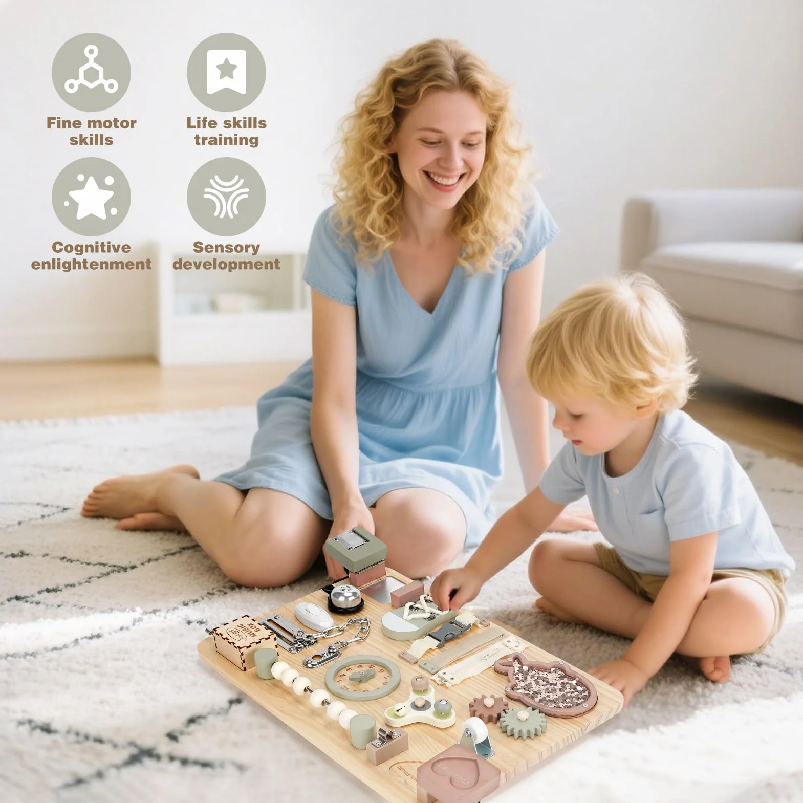 Joyreal Duża drewniana tablica aktywności dla maluchów - Tablica aktywności Montessori, sensoryczne zabawki, zabawka do gry, zabawka podróżna na samolot, zabawka na drobne umiejętności motoryczne