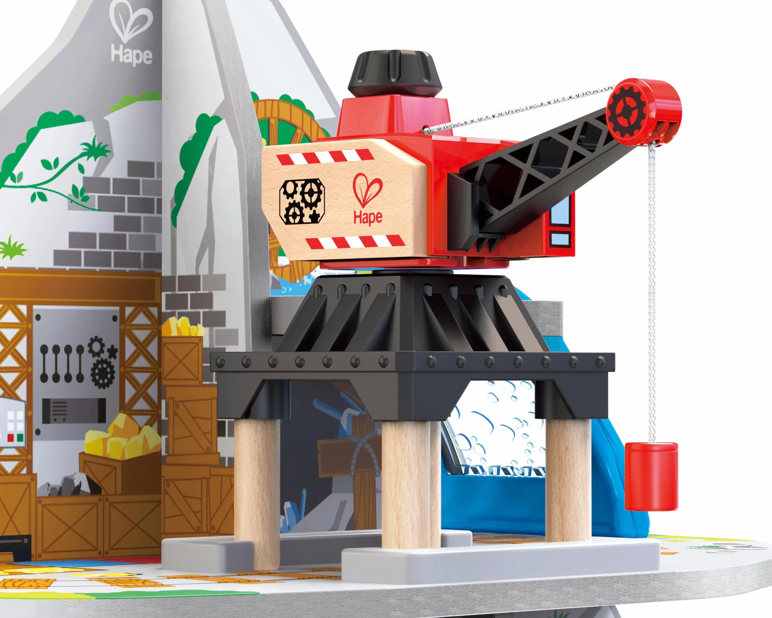 Hape Mighty Mountain Mine, Multi-Coloured 32-Piece Wooden Pretend Play Railway Set, Train Toy for Kids