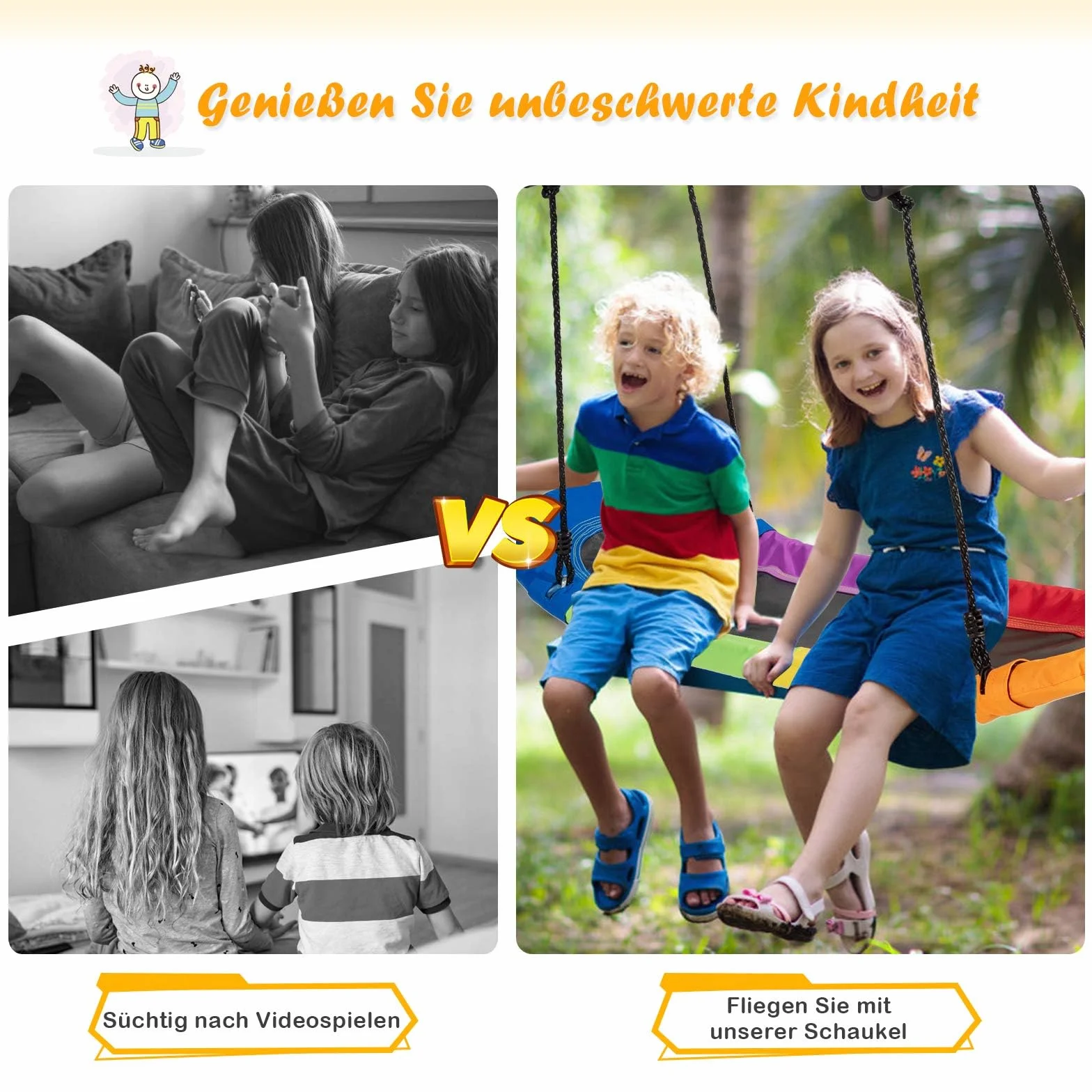 FANTASK Huśtawka gniazdowa owalna, deskorolka z uchwytami, huśtawka wielodziecięca, huśtawka ogrodowa dla dzieci i dorosłych (kolorowa)