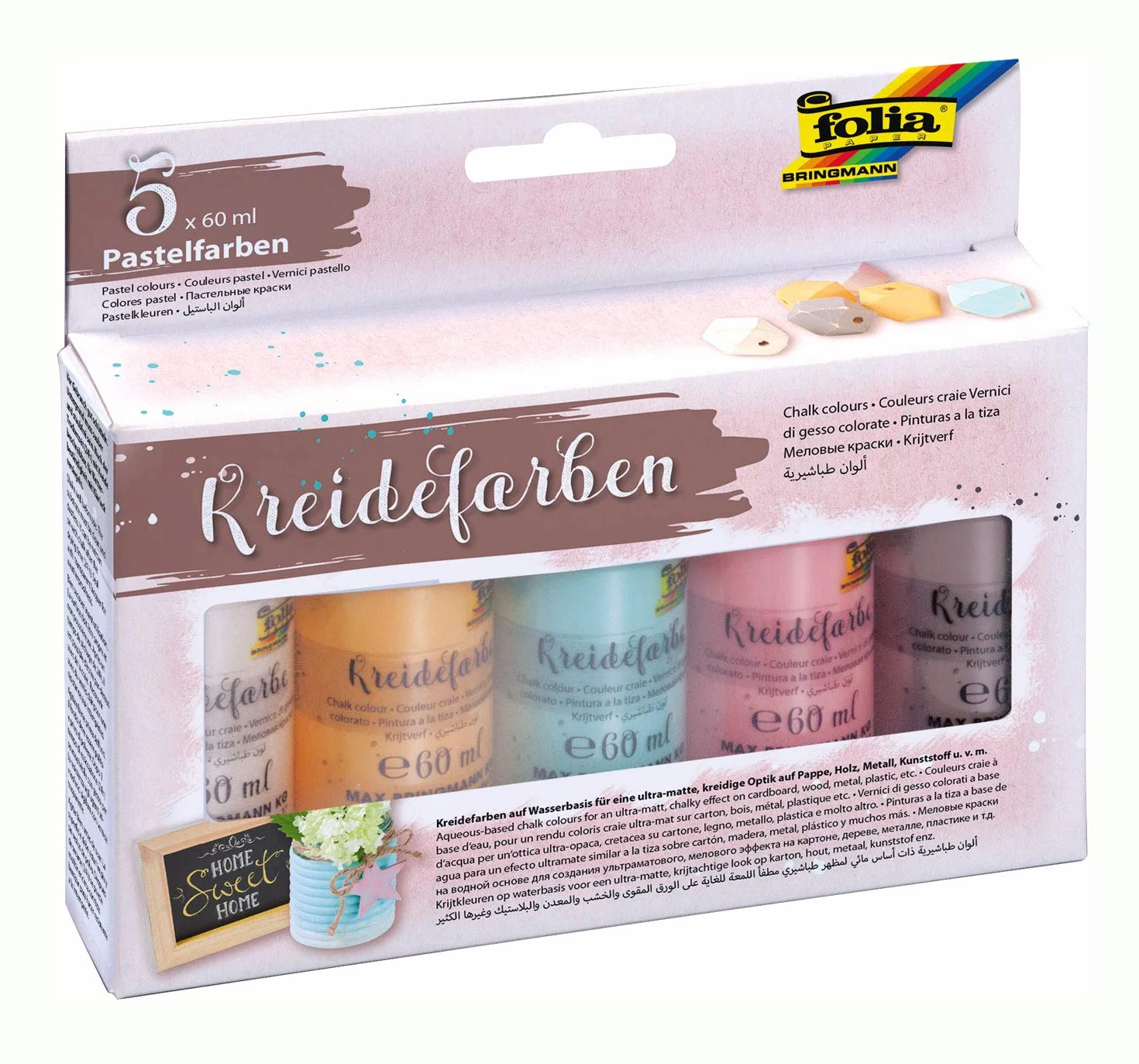 Folia Farby Kredowe na Bazie Wody 5 x 60 ml Beżowy Morelowy Jasnoniebieski Różowy Pastelowy Brąz Ultra-Matowe