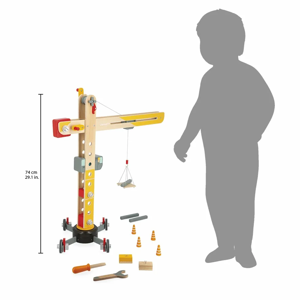 Janod Duży drewniany żuraw 74 cm zestaw konstrukcyjny obrót 360° ruchoma 12 akcesoriów FSC od 3 lat