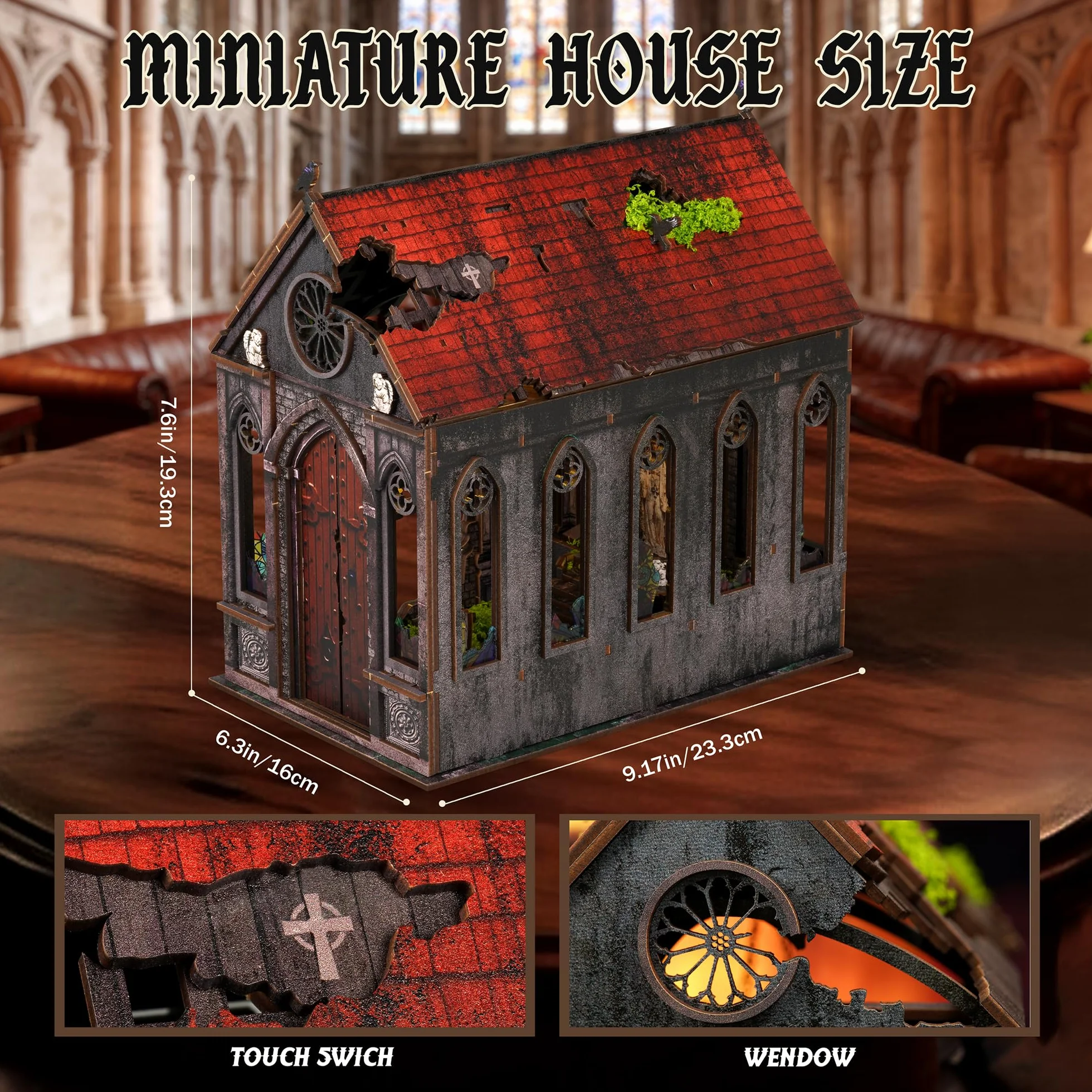 Miniaturowy zestaw zaginionej katedry – zestaw miniaturowy do samodzielnego wykonania dla dorosłych, nastolatków, domek dla lalek, regał na książki, dekoracja z oświetleniem LED, drewniane puzzle 3D