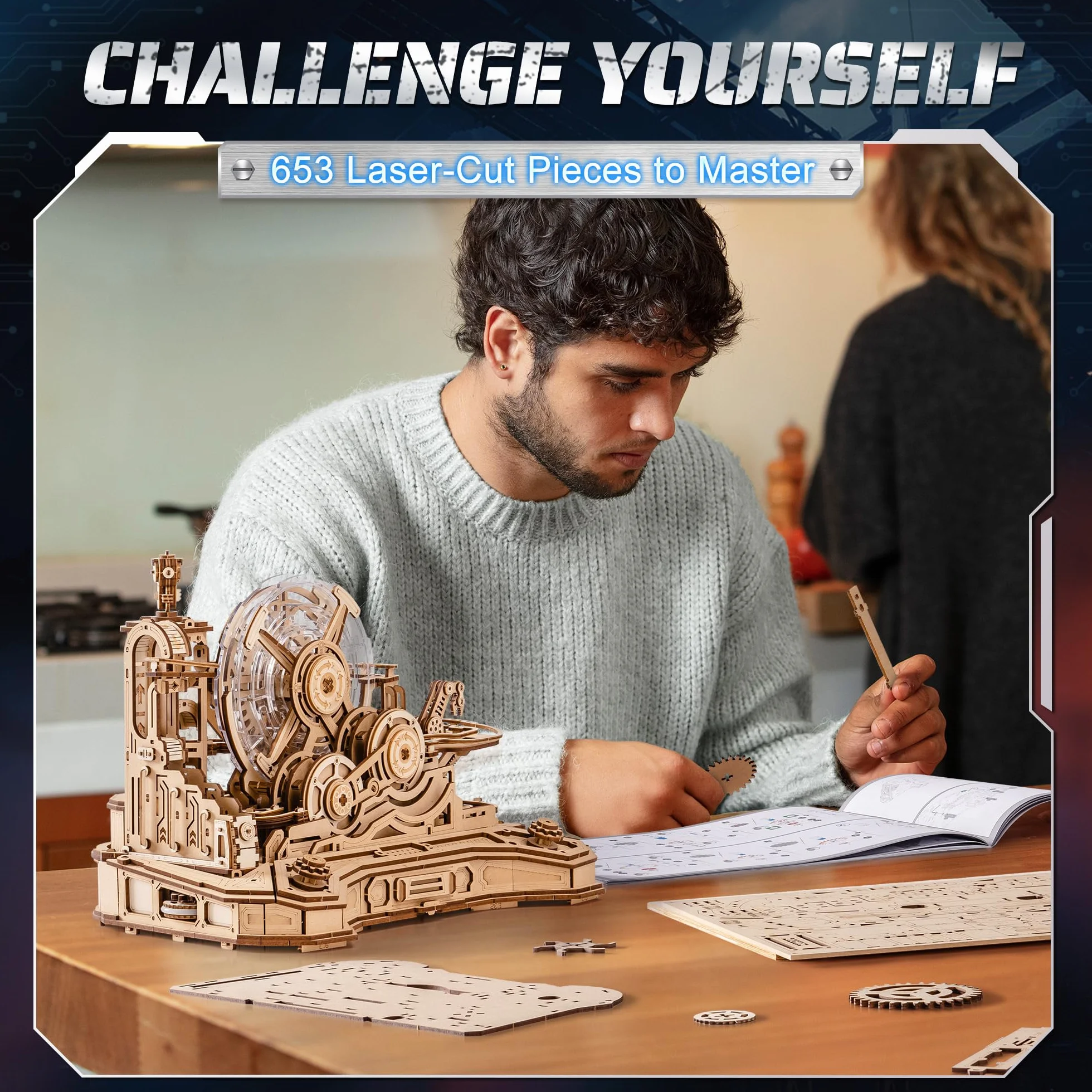 ROBOTIME Drewniane puzzle 3D Gear Ball Challenge - mechaniczny zestaw modeli labiryntu dla dorosłych i nastolatków, 653 szt. zabawka prezent STEM, projekt kontrolera do gier, EGC01