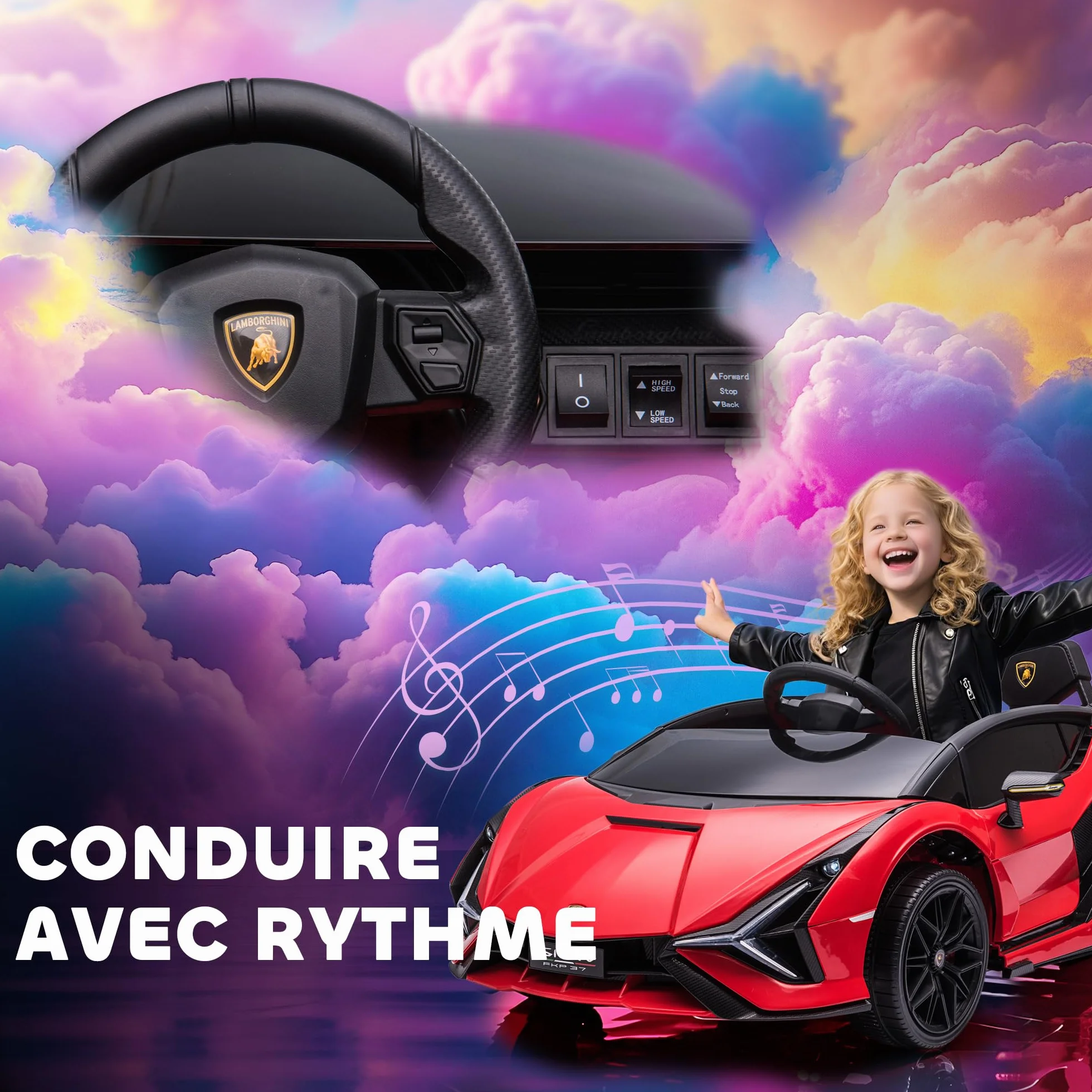 HOMCOM Licencjonowany samochód elektryczny dla dzieci Supercar Lamborghini Sian 12 V - V. Max. 5 km/h z pilotem 2,4G Efekty dźwiękowe + czerwone światło