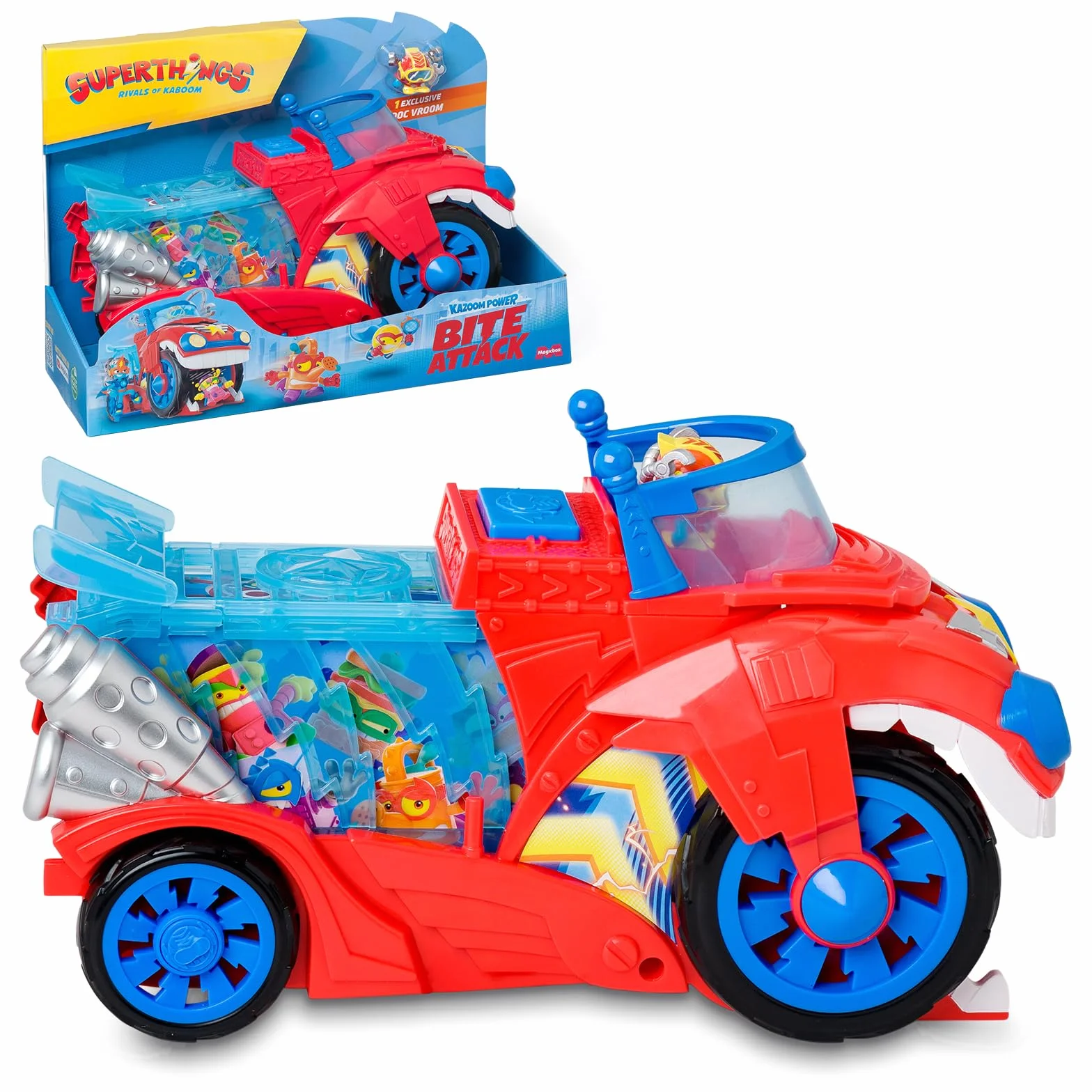 SUPERTHINGS – Bite Attack. Pojazd Doc Vrooma z serialu „SuperThings Kazoom Power”. Zawartość: 1 pojazd Bite Attack, 1 ekskluzywny Doc Vroom, 1 odczepiane więzienie