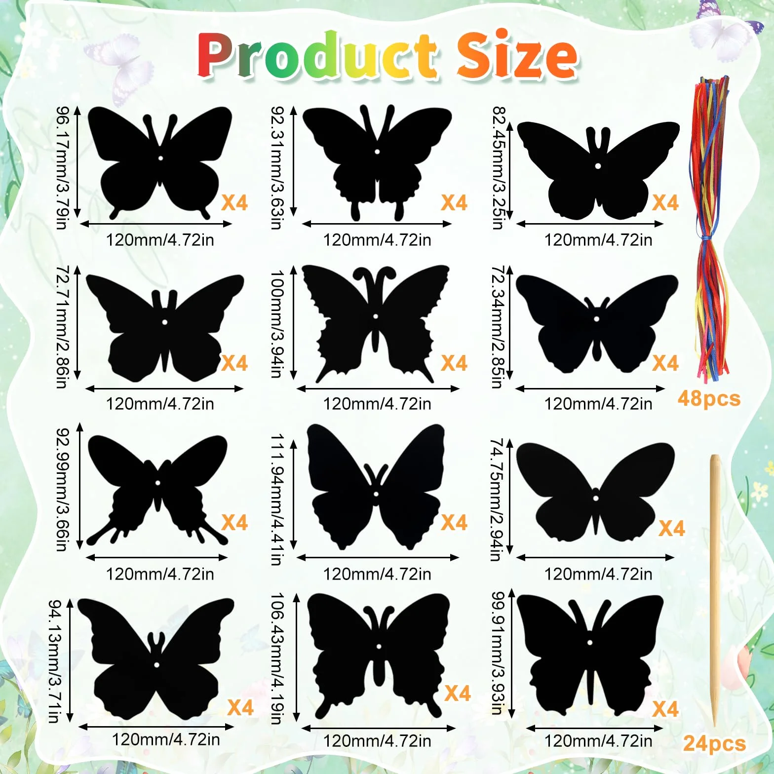 48 sztuk obrazków do zdrapywania motyli, 12 stylów, magiczny papier do zdrapywania, tęczowy obraz z drewnianymi patyczkami i wstążką, do majsterkowania, dekoracji na imprezę