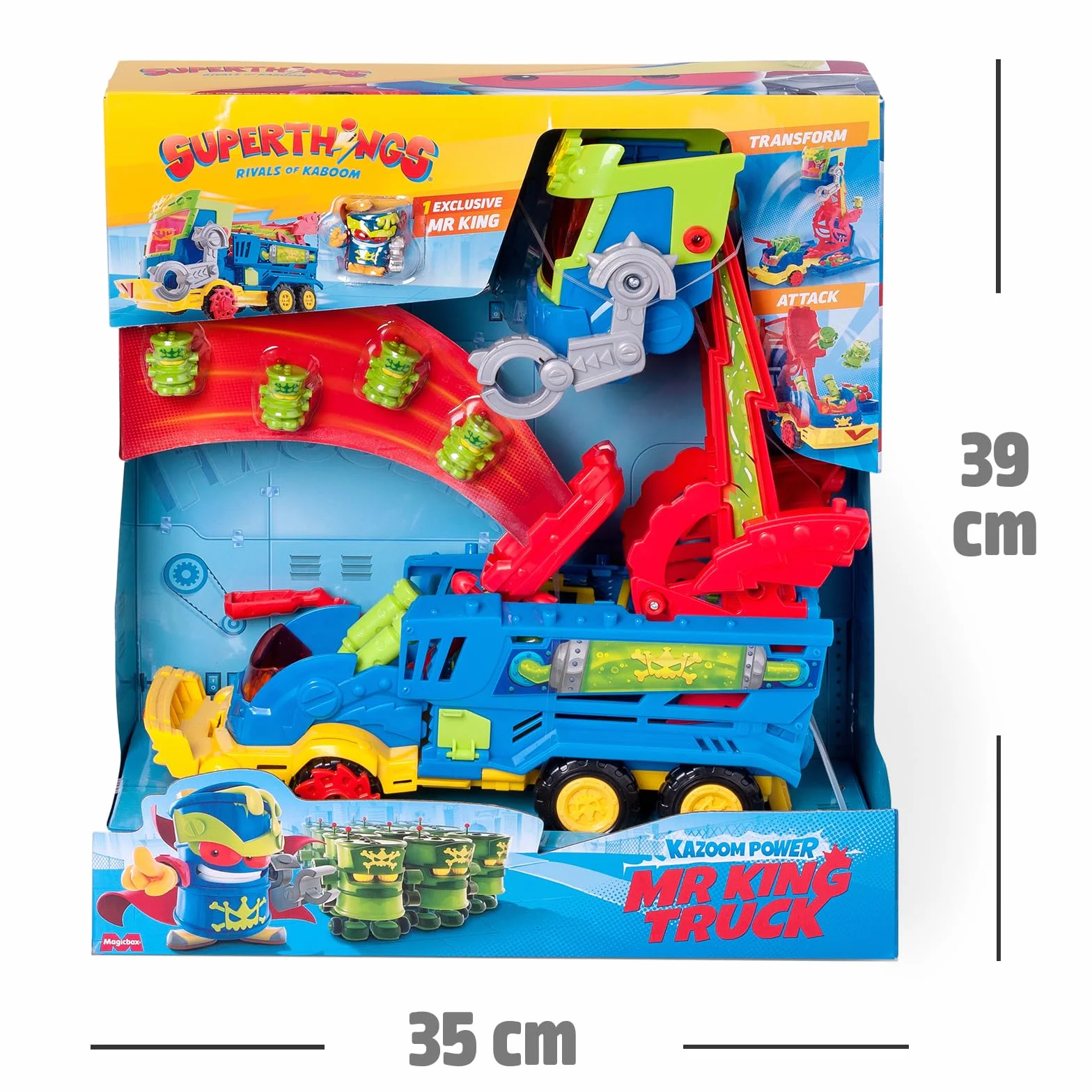 SUPERTHINGS Kazoom Power Mr King Truck — pojazd złoczyńcy z wyrzutnią pocisków, 6 cyfrow: Ekskluzywny Mr King + 4 robotoksyki, zabawka dla dzieci w wieku 3–8 lat