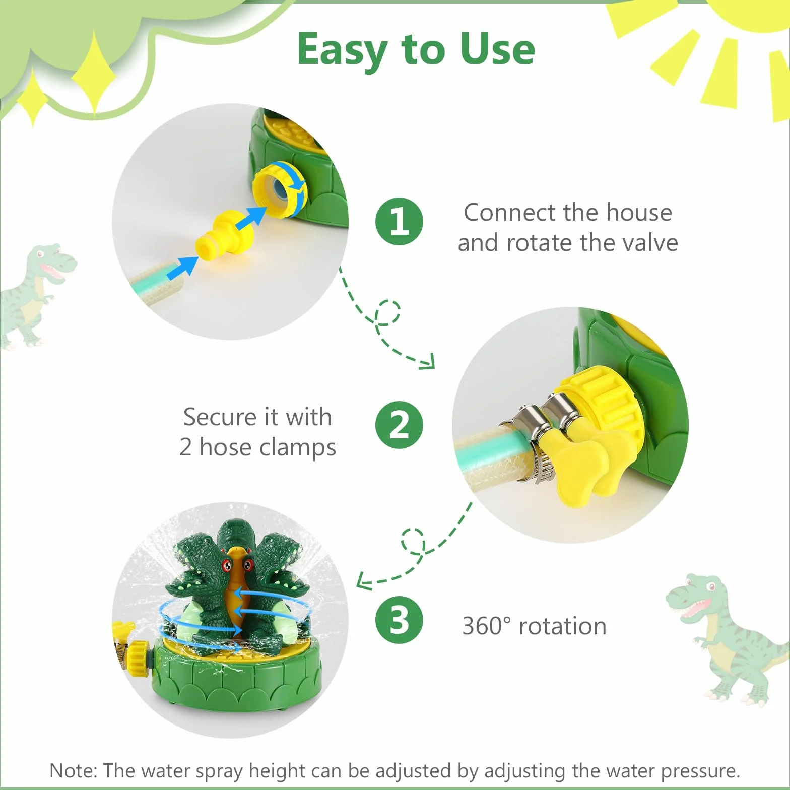 MoKo Dinosaur Sprinkler for Kids, Outdoor Water Toy Spray with 2 Hose Clamps 3 Nozzles, Summer Play for Backyard Lawn