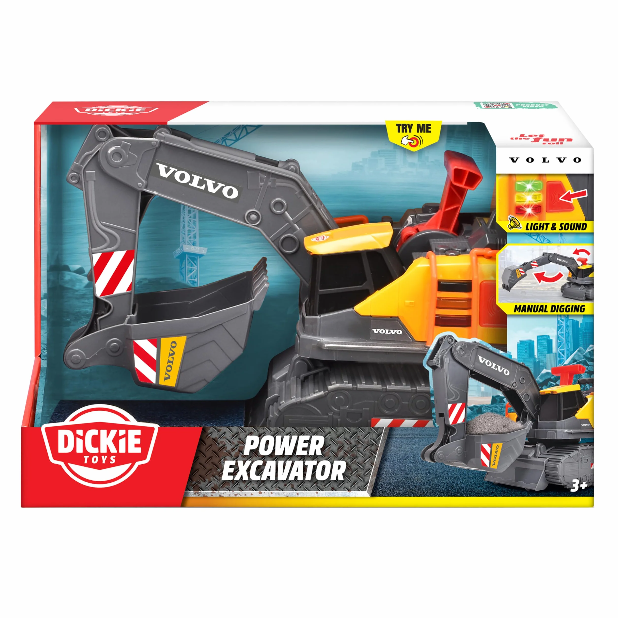 Dickie Toys - Volvo Bagger Power Excavator (30 cm) – zabawkowa koparka łopatkowa dla dzieci od 3 lat z wolnym biegiem, sterowaniem dźwignią, światłem i dźwiękiem, nadaje się jako zabawka do piasku, w