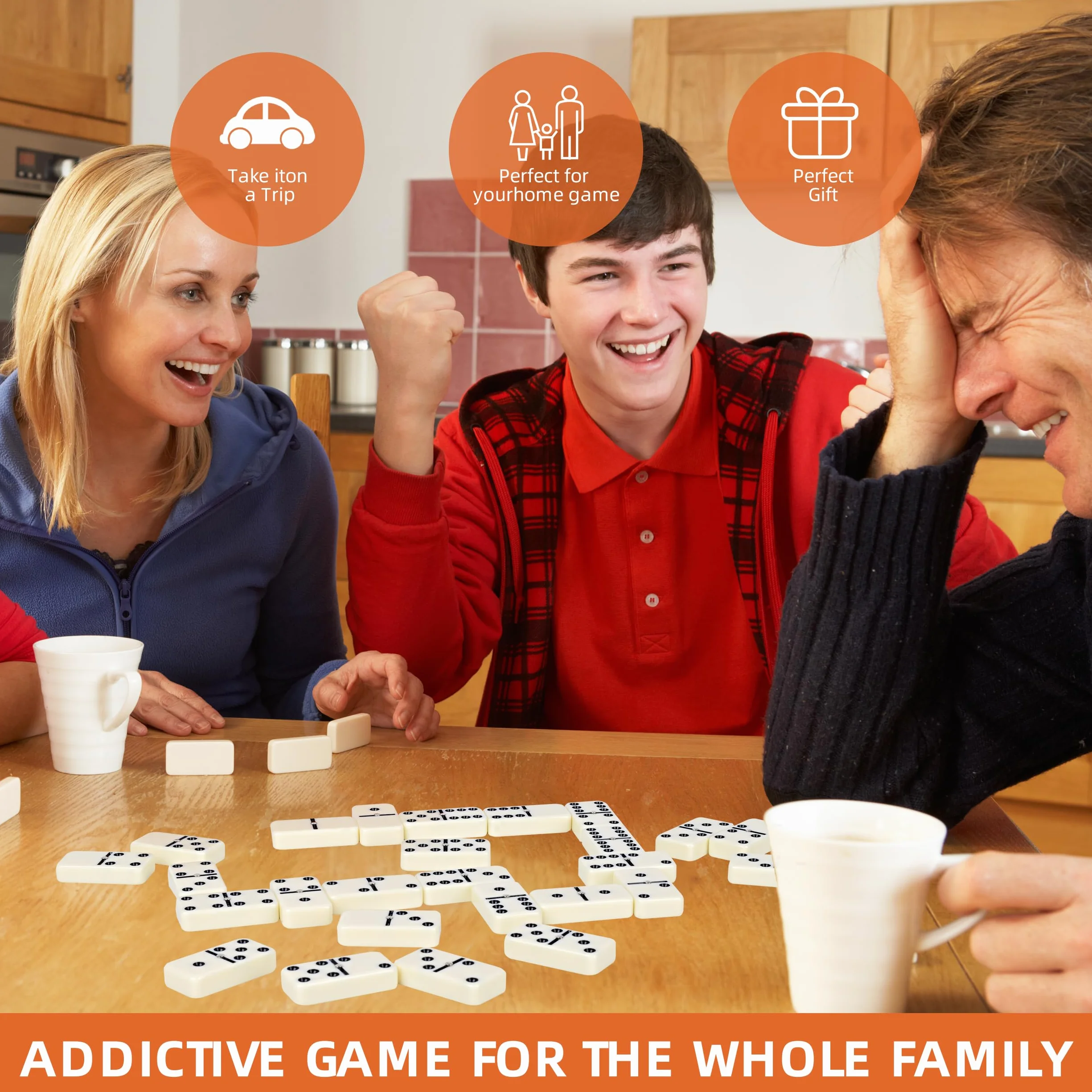 Smilejoy Zestaw domino dla dorosłych, zestaw domino w rozmiarze Jumbo do klasycznych gier planszowych, duży rozmiar podwójny, 6 domino, zestaw 28 sztuk, z brązowym drewnianym pudełkiem Deluex (2-4