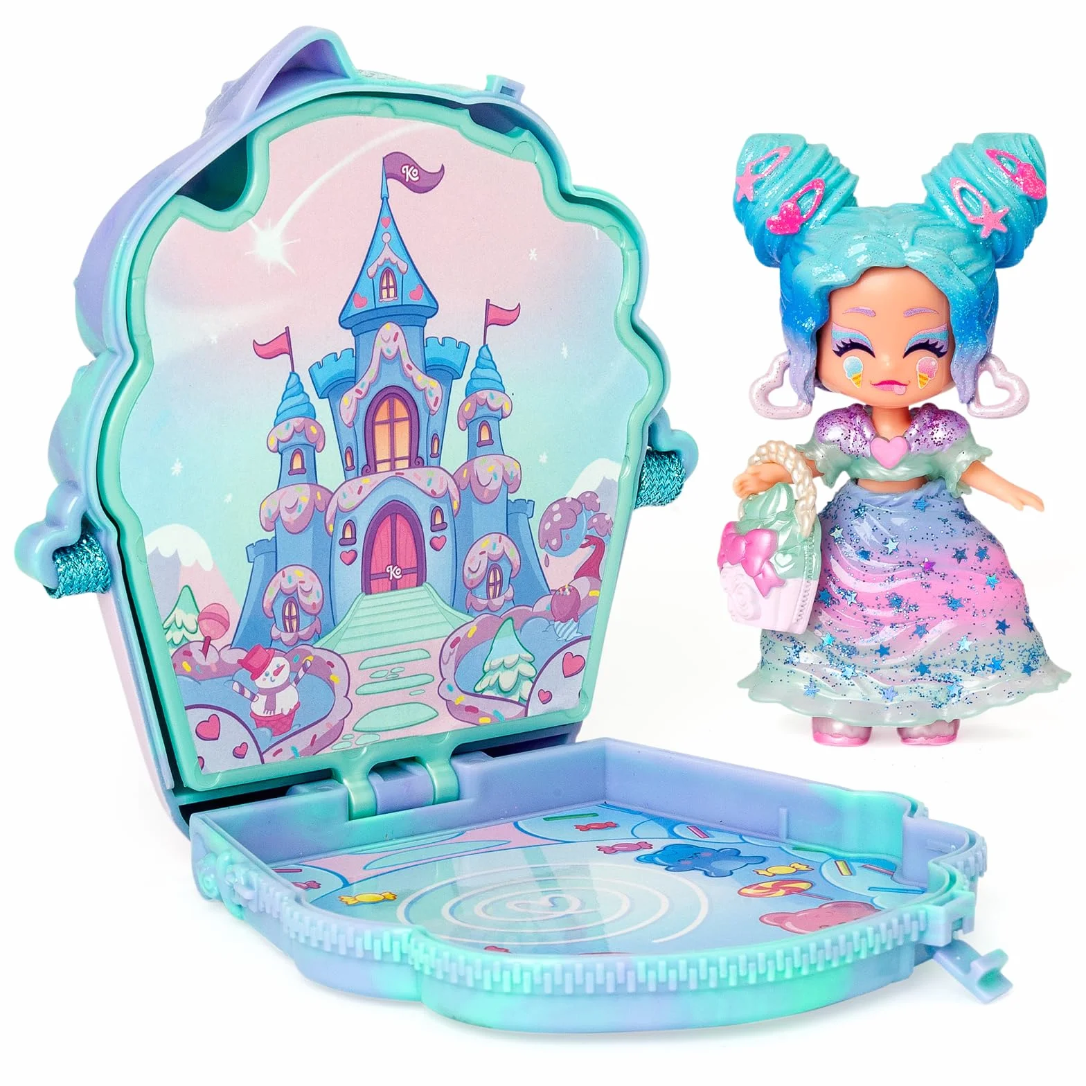 KOOKYLOOS CANDY LAND ICE CREAM STARS – 3 w 1 słodka stylowa lalka,zawartość:1 laleczka,3 stroje,2 pary bucików, mały jednorożec,przekąska, akcesoria Mix&Match i niebiesko-turkusowa torebka babeczka.