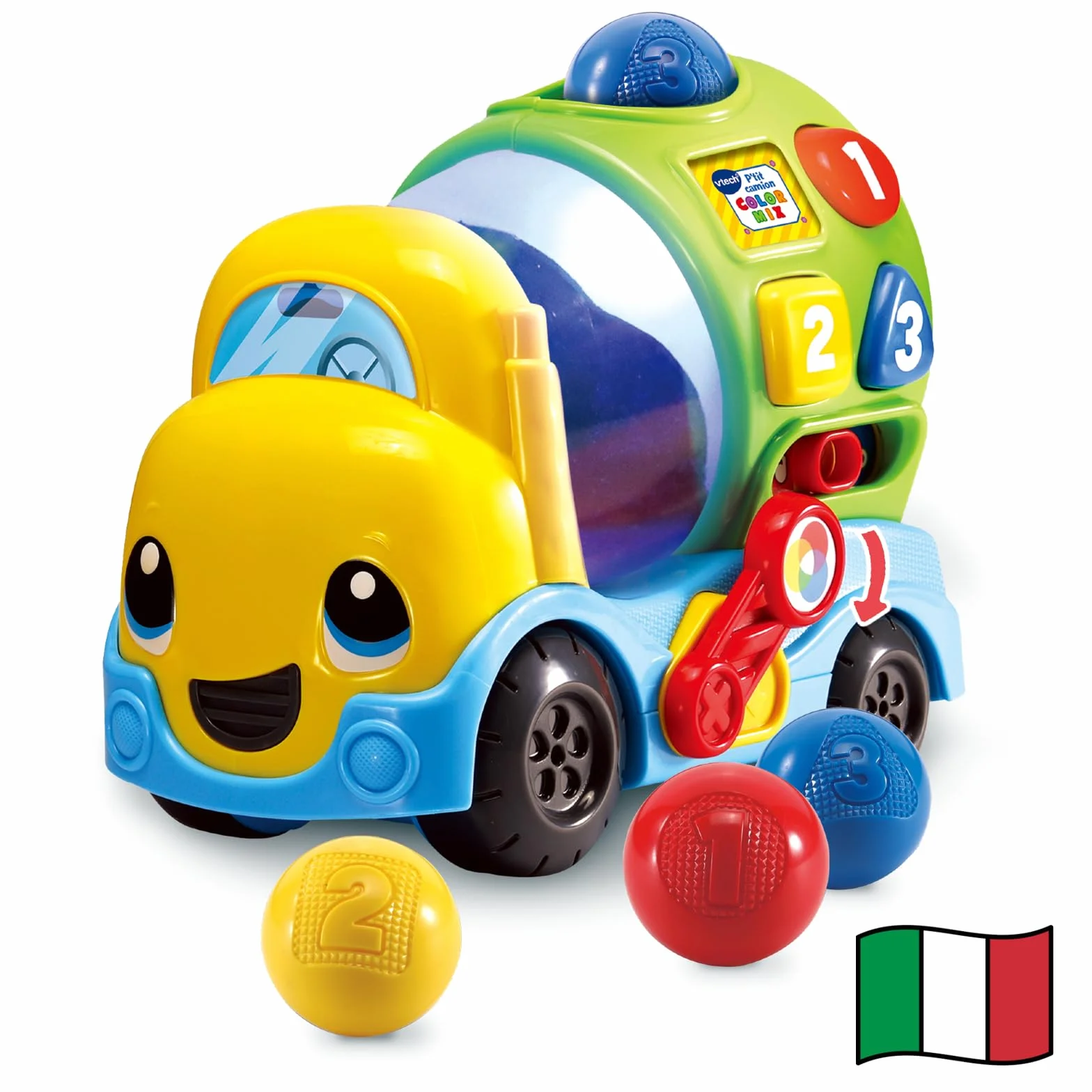 VTech Max Mixa Colori, gadająca ciężarówka, 5 melodii, rozpoznawanie i mieszanie kolorów, 3 tryby gry, regulacja głośności, automatyczne wyłączanie, język włoski, baterie w zestawie, 12-36 miesięcy
