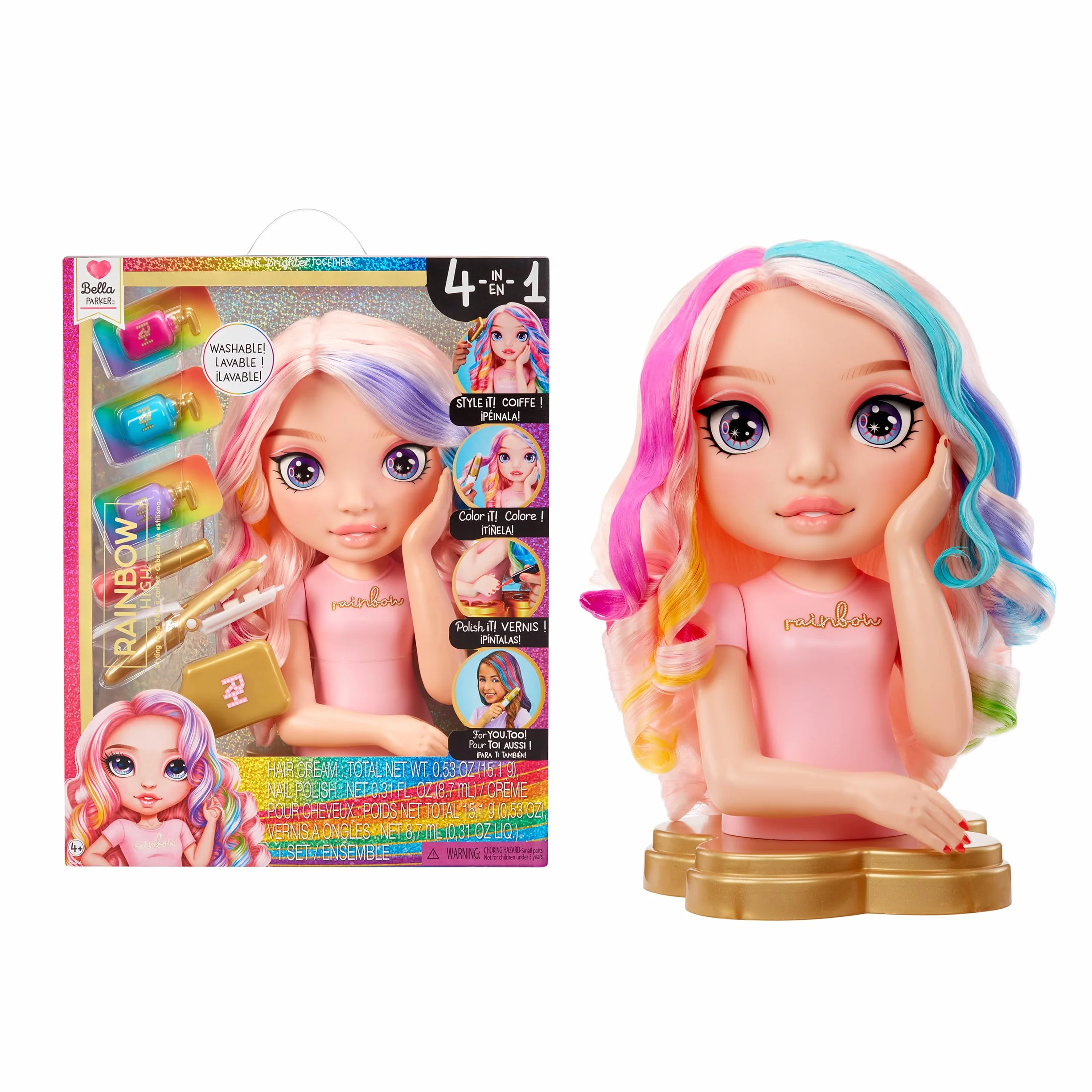 Rainbow High Styling Head - 33 cm Bella - Zestaw 4 w 1 z Kremem, Lakierem do Paznokci, Szczotką i Narzędziem do Farbowania Włosów. Stylizuj, Farbuj, Maluj, Spłukuj i Powtarzaj, dla Dzieci w Wieku 4-12
