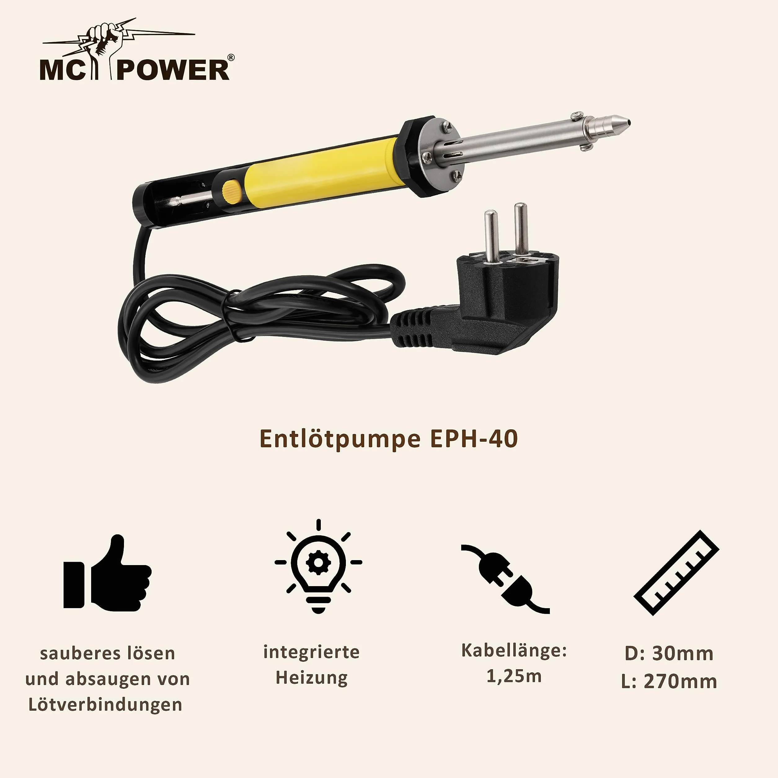 MC POWER Pompa rozlutownicza z ogrzewaniem | EPH-40 | 230 V, pompa rozlutownicza 40 W do rozlutowywania połączeń lutowniczych, odsysania płynnej cyny do lutowania
