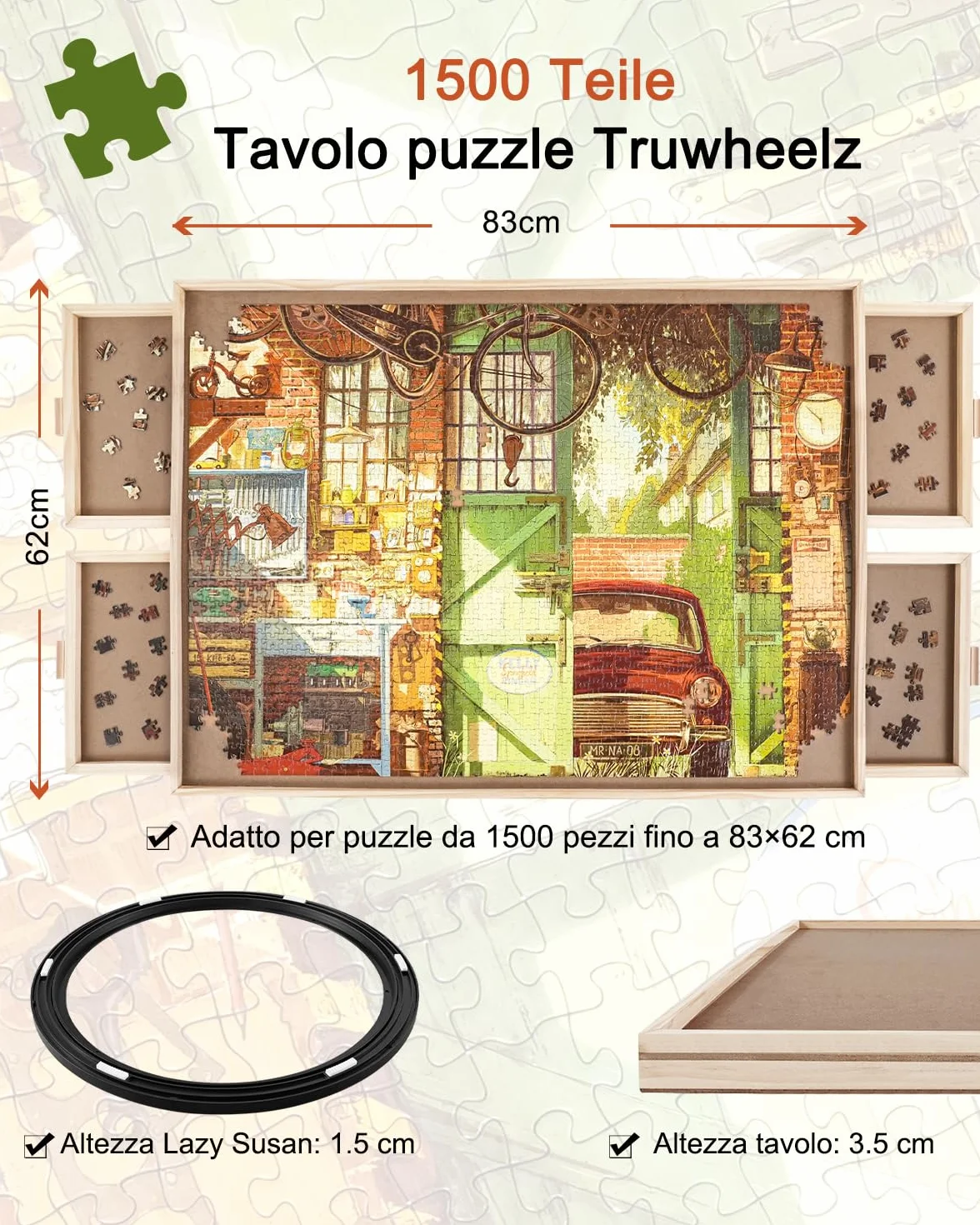 1500 elementów obrotowa deska do puzzli z szufladami i pokrywą, 87 x 64 cm - przenośny stół do puzzli dla dorosłych, taca obrotowa Lazy Susan