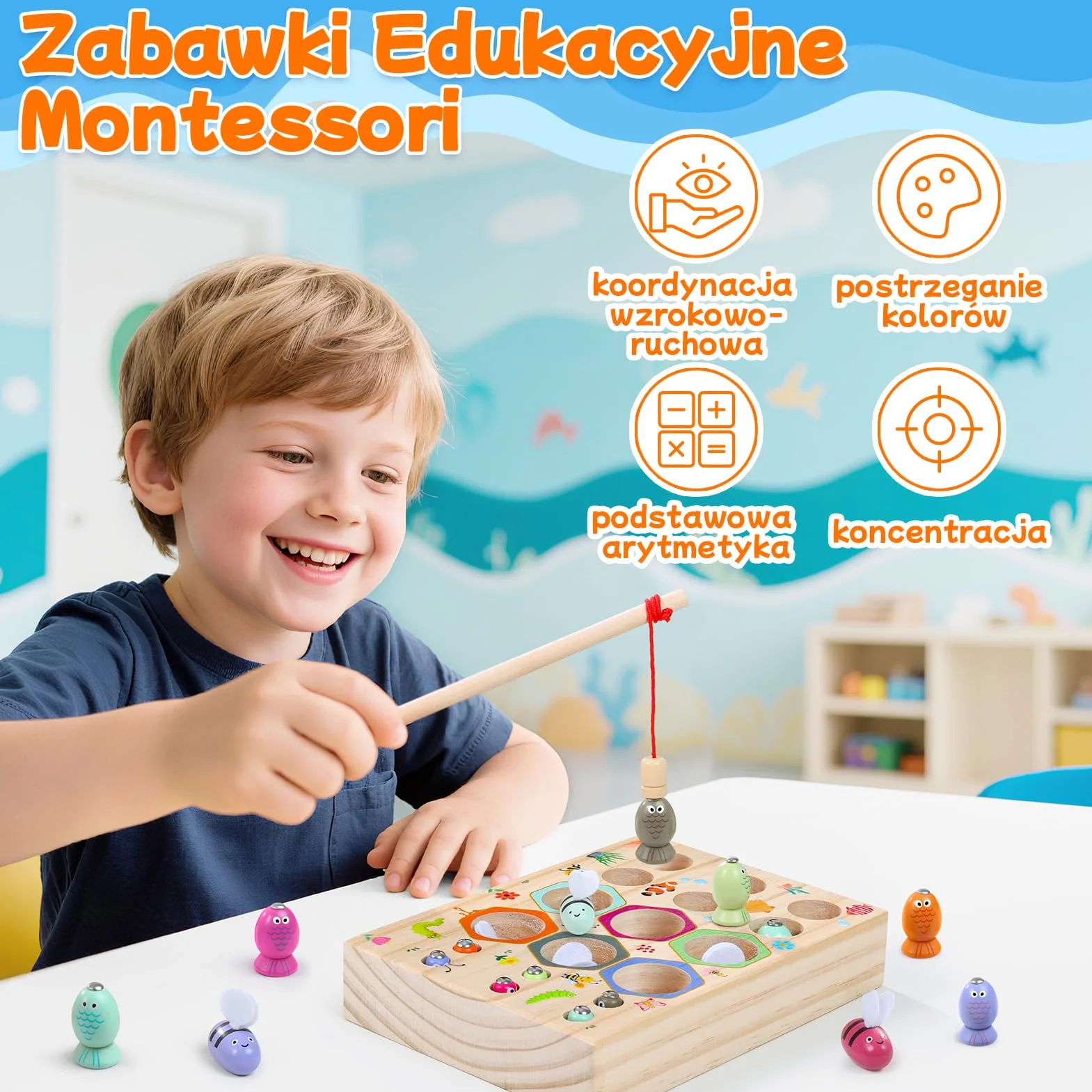 Magnetyczna gra wędkarska drewniane zabawki 3 w 1 dla dzieci Montessori edukacyjne prezenty