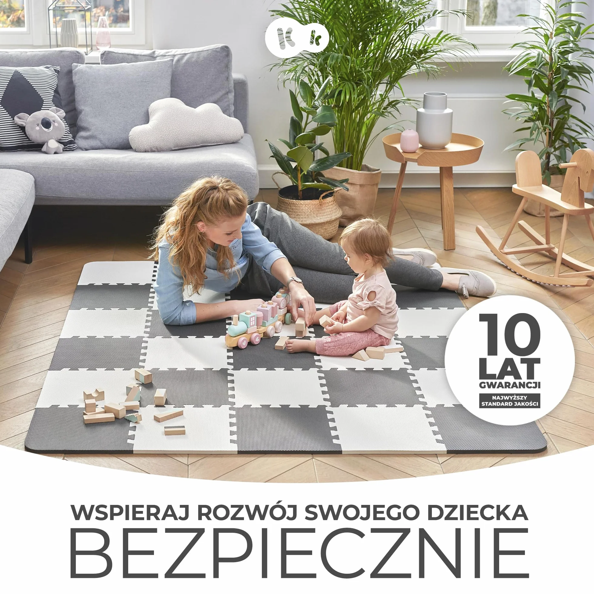 Kinderkraft Mata piankowa LUNO, Wielofunkcyjna, Puzzle 30 elementów, Wodoodporna, Izolacja od podłogi, Antypoślizgowa powierzchnia, Łatwe czyszczenie, Torba do transportu w zestawie, Czarno Biały