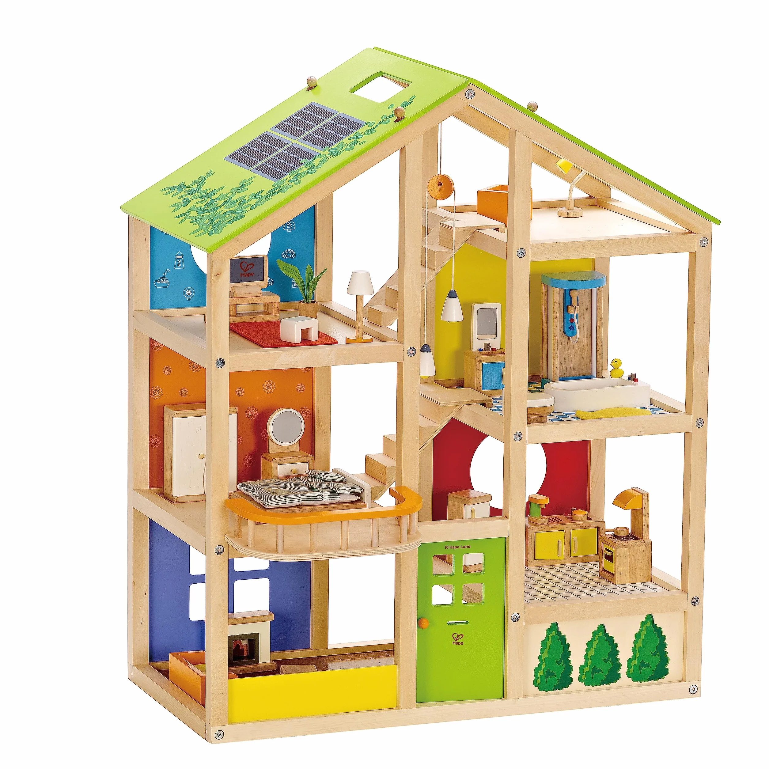Hape All Season House (Furnished), Award-Winning 3-Storey Dolls House Toy with Furniture, Accessories, Movable Stairs and Reversible Season Theme