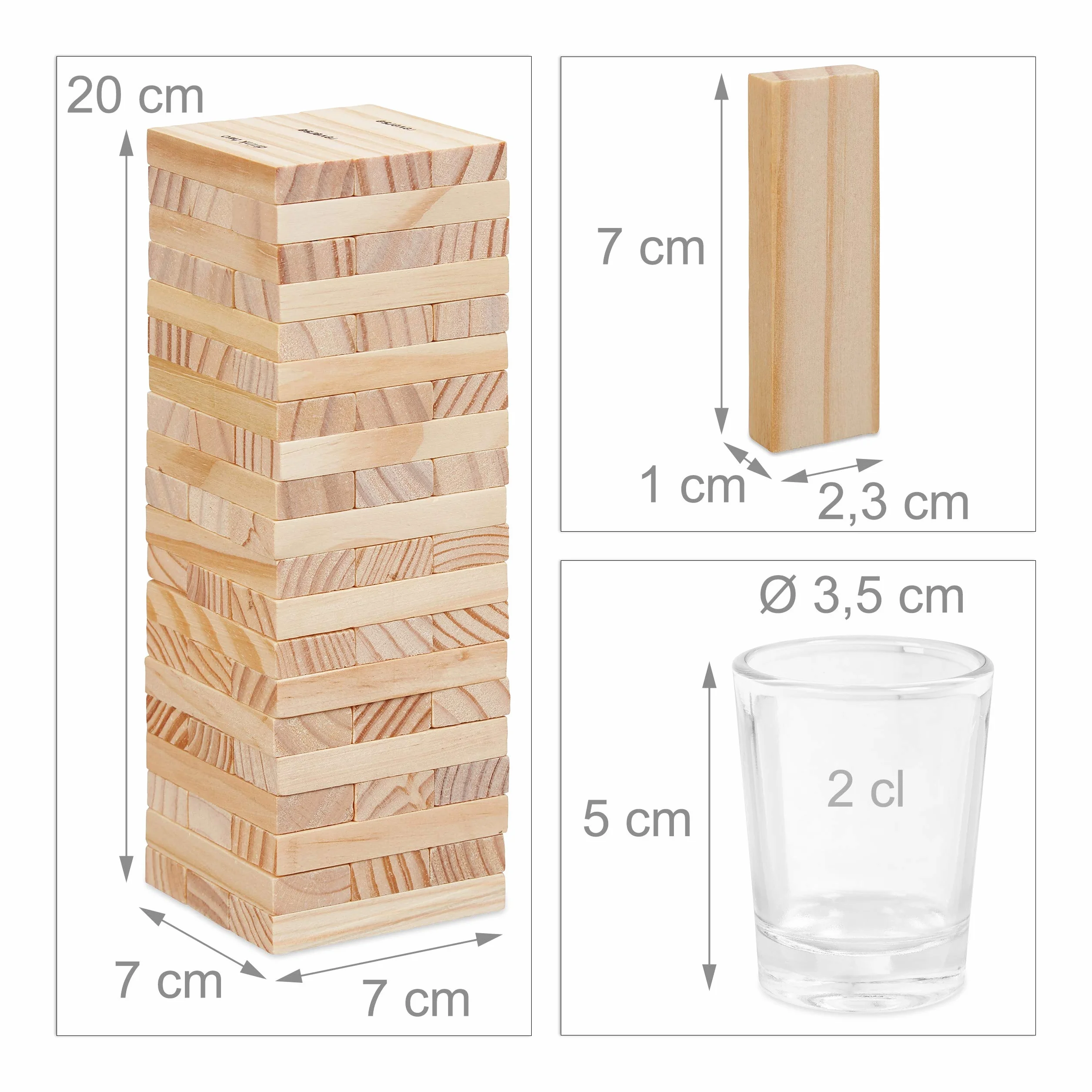 Relaxdays Wieża ruchoma gra "Drunken Tower", drewniana wieża 60 kamieni, 4 kieliszki do wódki, gra imprezowa dla dorosłych, kolor naturalny