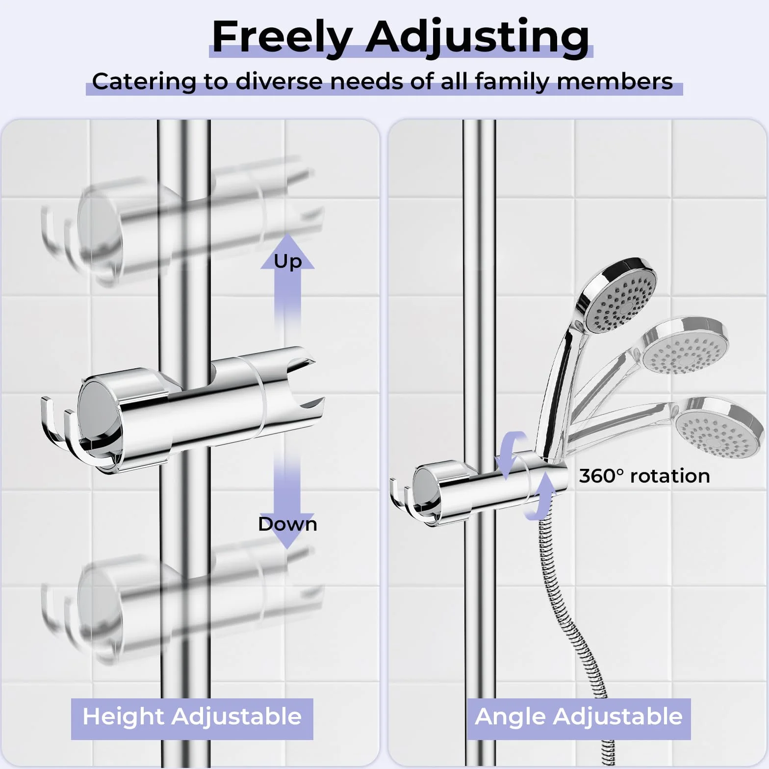 Alyvisun Uniwersalny Uchwyt na Słuchawkę Prysznicową z 2 Haczykami, Regulowany Uchwyt Prysznicowy do Pręta Prysznicowego 16-27mm, Chromowany Uchwyt do Głowicy Prysznicowej, Łatwy Montaż