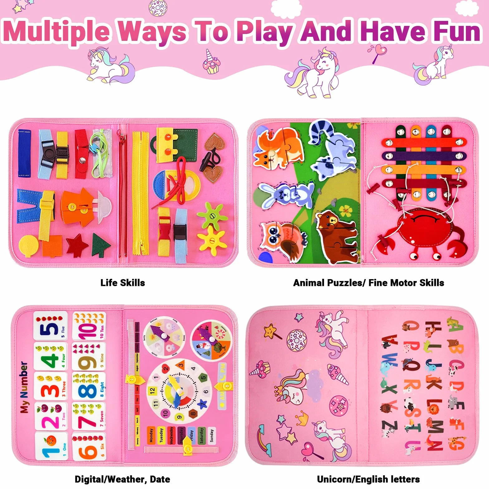 RunHero Busy Board Montessori zabawka dla dzieci od 1 roku życia Quiet Book Activity Board zabawka motoryczna zabawka z filcu 1 2 3 4 5 lat dla dzieci chłopców i dziewczynek