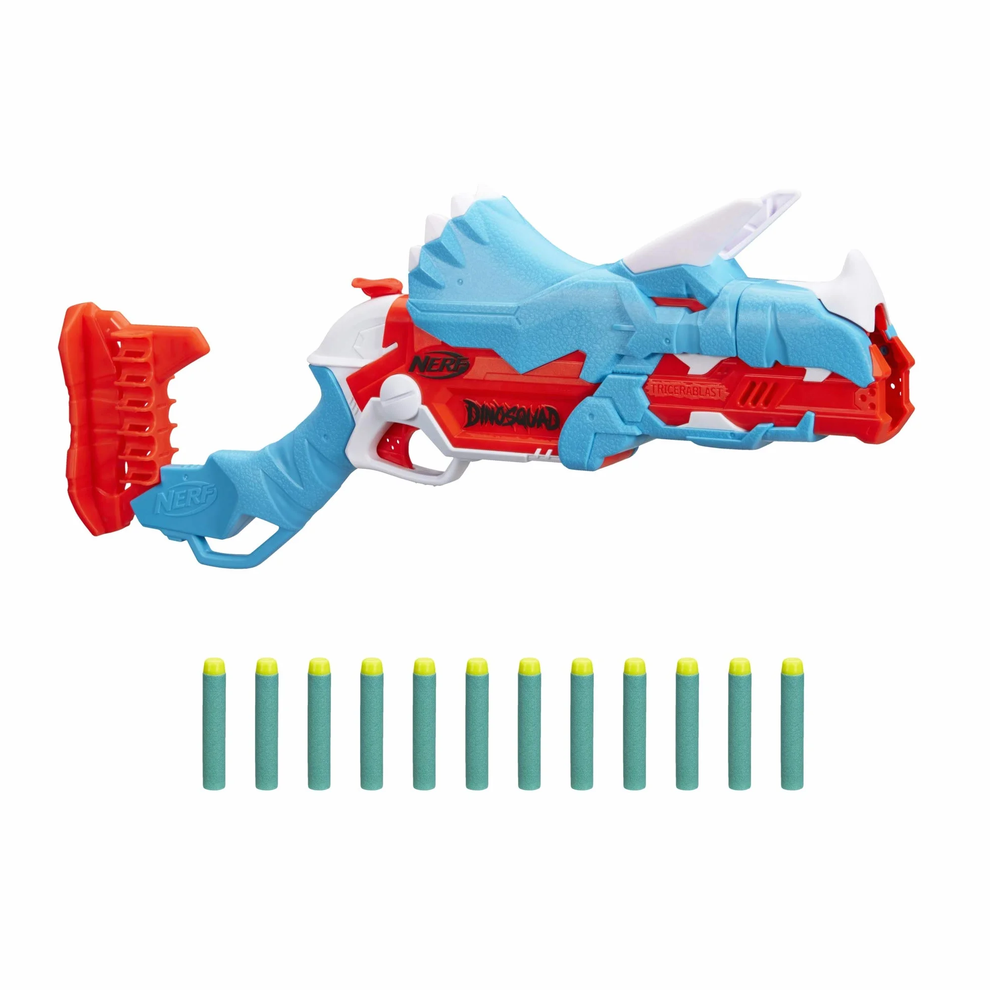 NERF Wyrzutnia Nerf DinoSquad Tricera-blast, łamana lufa na 3 strzałki, 12 strzałek Nerf, miejsce na strzałki, wygląd dinozaura-triceratopsa