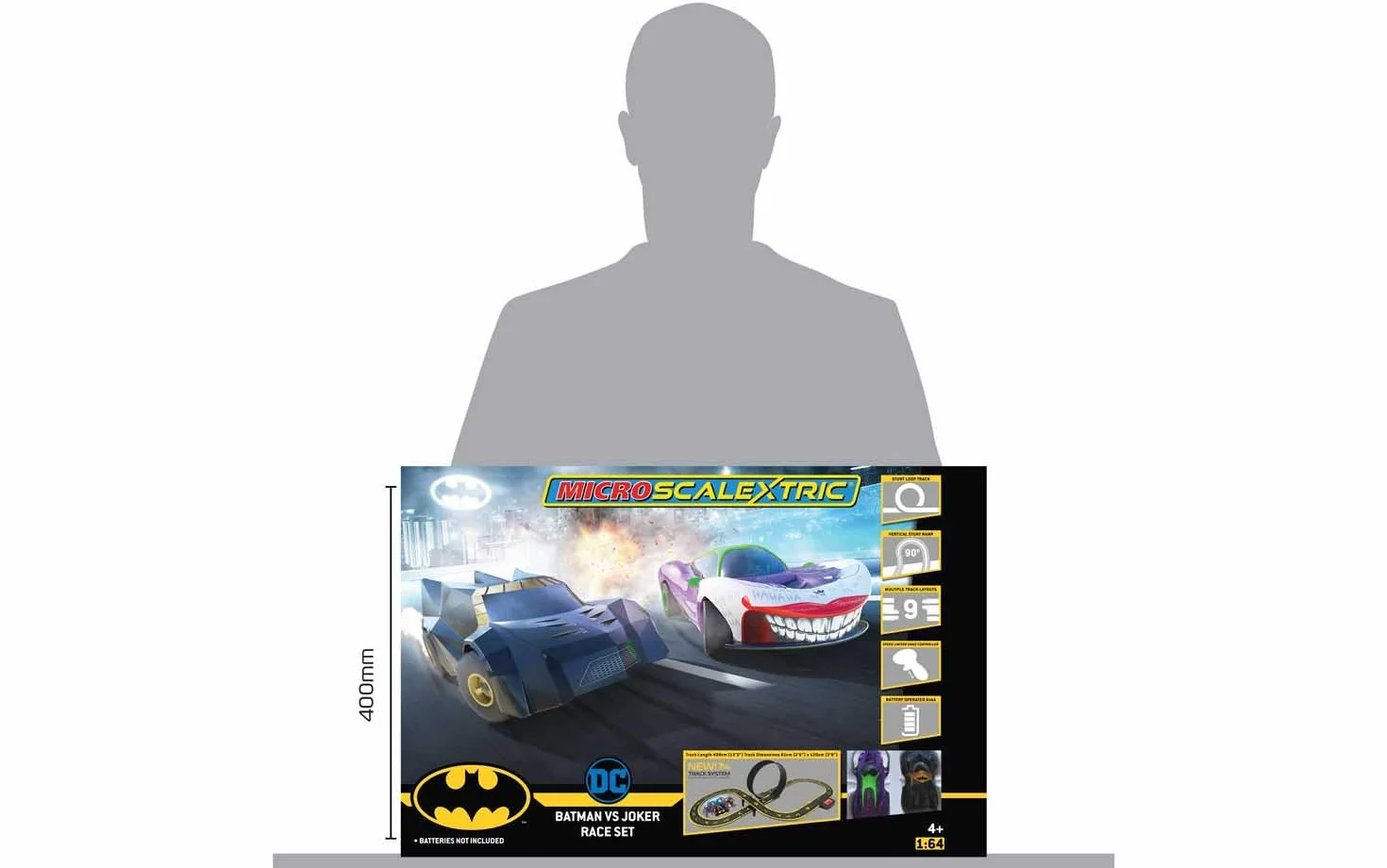 Micro Scalextric Zestawy torów wyścigowych dla dzieci w wieku od 4 lat - Batman vs Joker Track Builder, zestaw konstrukcyjny, tor samochodowy zasilany bateriami, samochody slotowe, pojazdy do zabawy