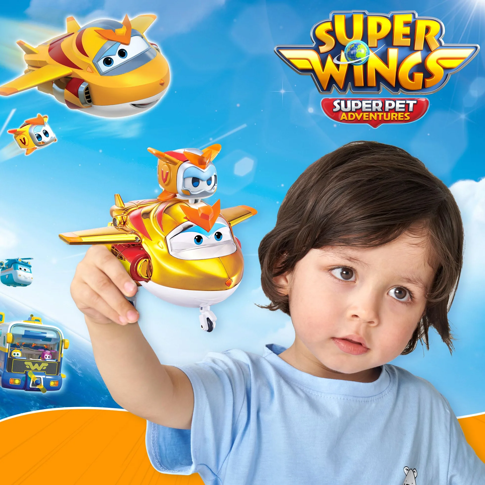 Super Wings EU770441 - Transforming Golden Boy & Pet, transformująca figurka zabawki, około 12 cm, ze zwierzęciem domowym około 4,3 cm, dla dzieci od 3 lat