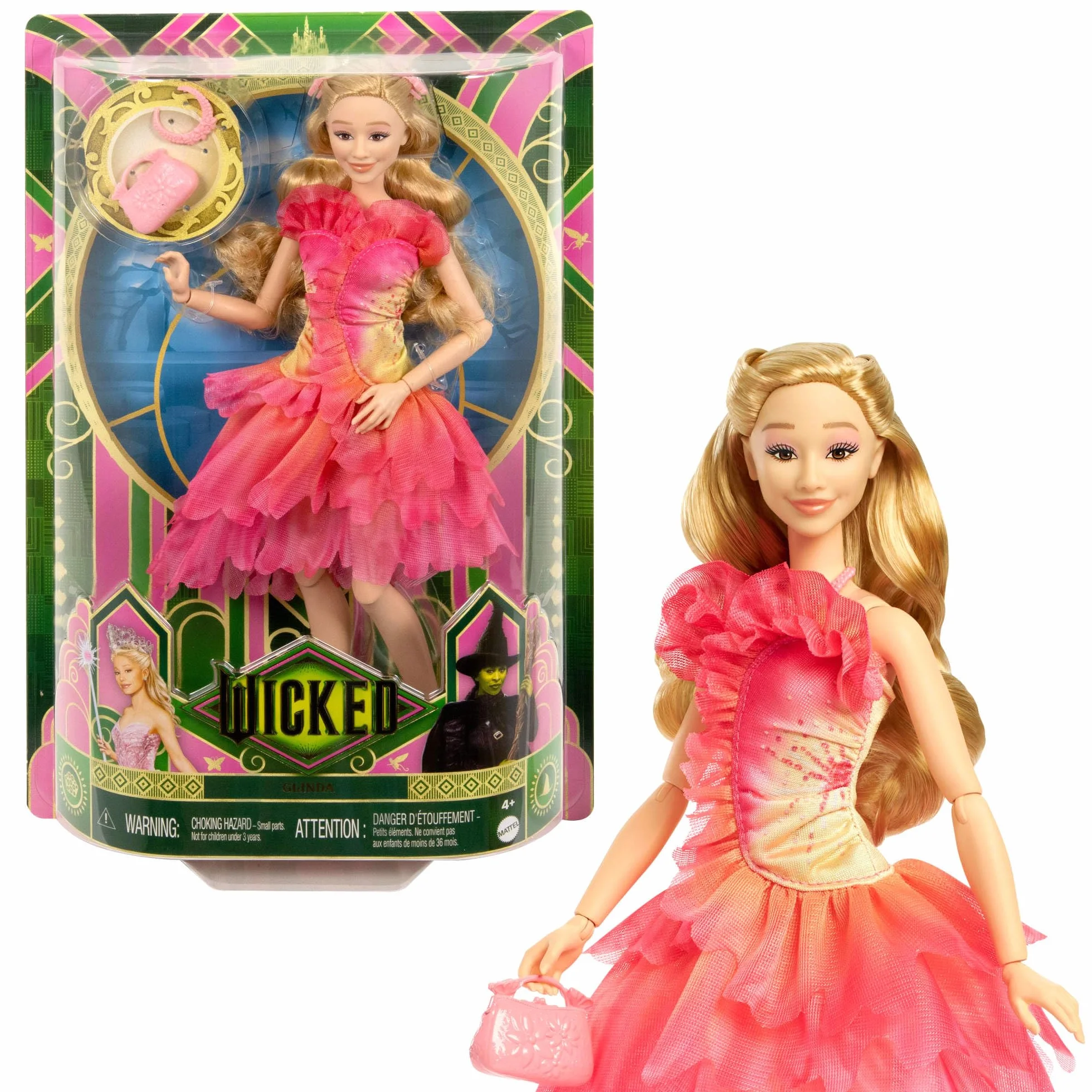 Mattel Universal Wicked Glinda Lalka modowa do ustawiania w różnych pozach z blond włosami i zdejmowaną kreacją oraz akcesoria, HXT63