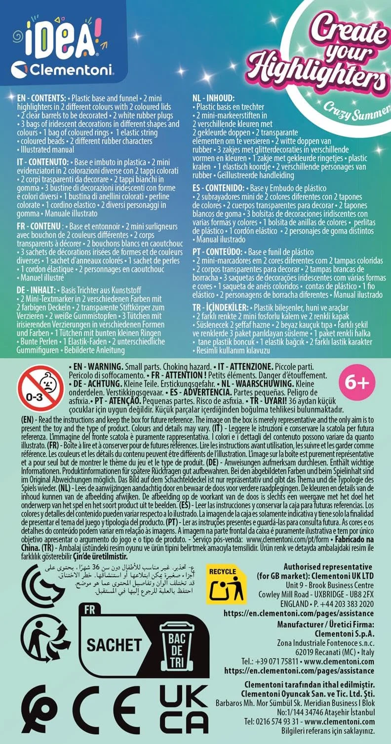 Clementoni Idea - Create Your Highlighters: Crazy Summer, Laboratorium spersonalizowanych zakreślaczy, kreatywny zestaw dla dzieci w wieku 6 lat, z 3 spersonalizowanymi markerami z akcesoriami, 18130