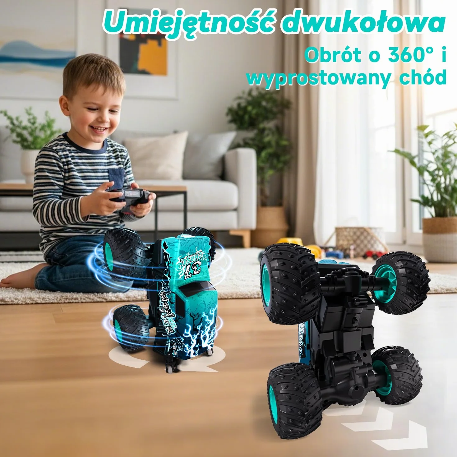 Halloween Monster Truck zdalnie sterowany, 1/20 Monster Truck z chodzeniem w pozycji pionowej i obrotem o 360°, 20 km/h, zdalnie sterowany samochód z oświetleniem LED i muzyką, zabawka na Halloween i