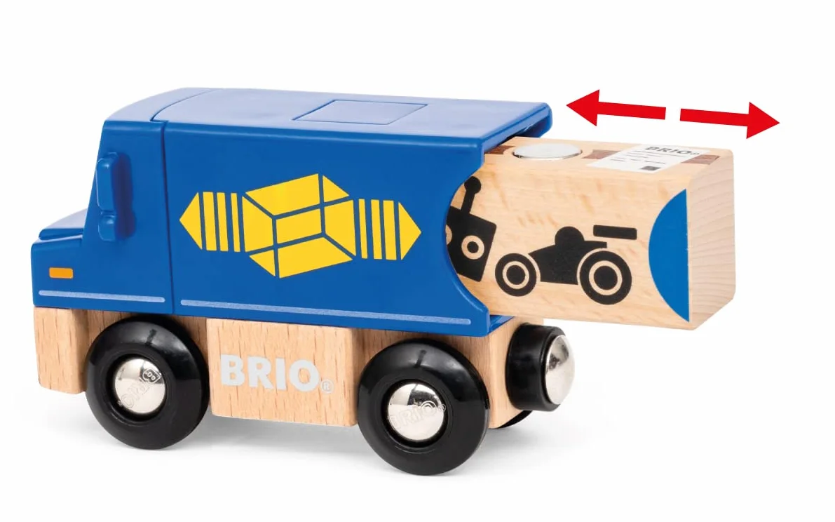 BRIO World 36020 Zustell-Fahrzeug Blauer Liefer-LKW mit zwei magnetischen Holzcontainern für Kinder ab 3 Jahren