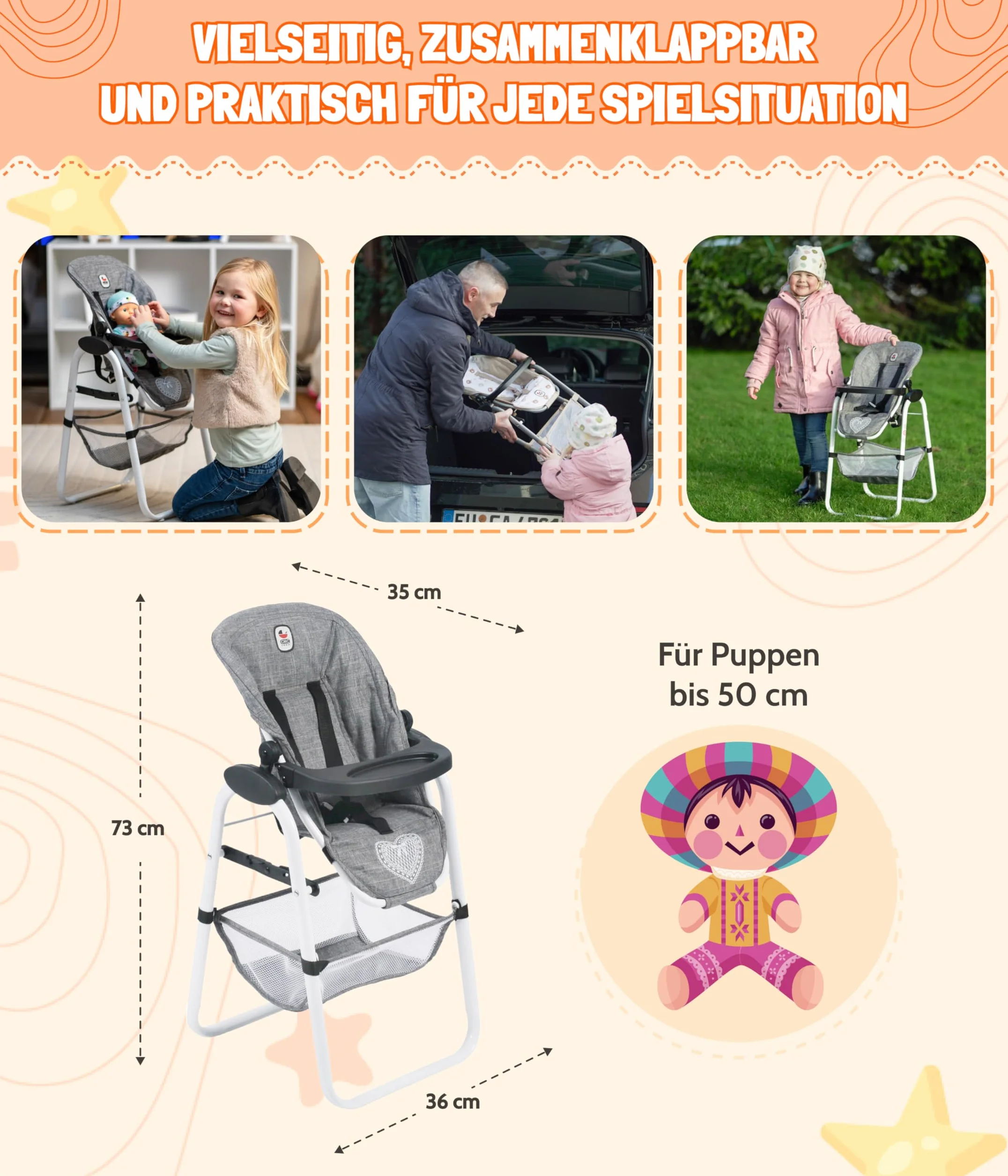 Bayer Chic 2000 655-43 Wysokie krzesło dla lalek, jednorożec, granatowo-różowy