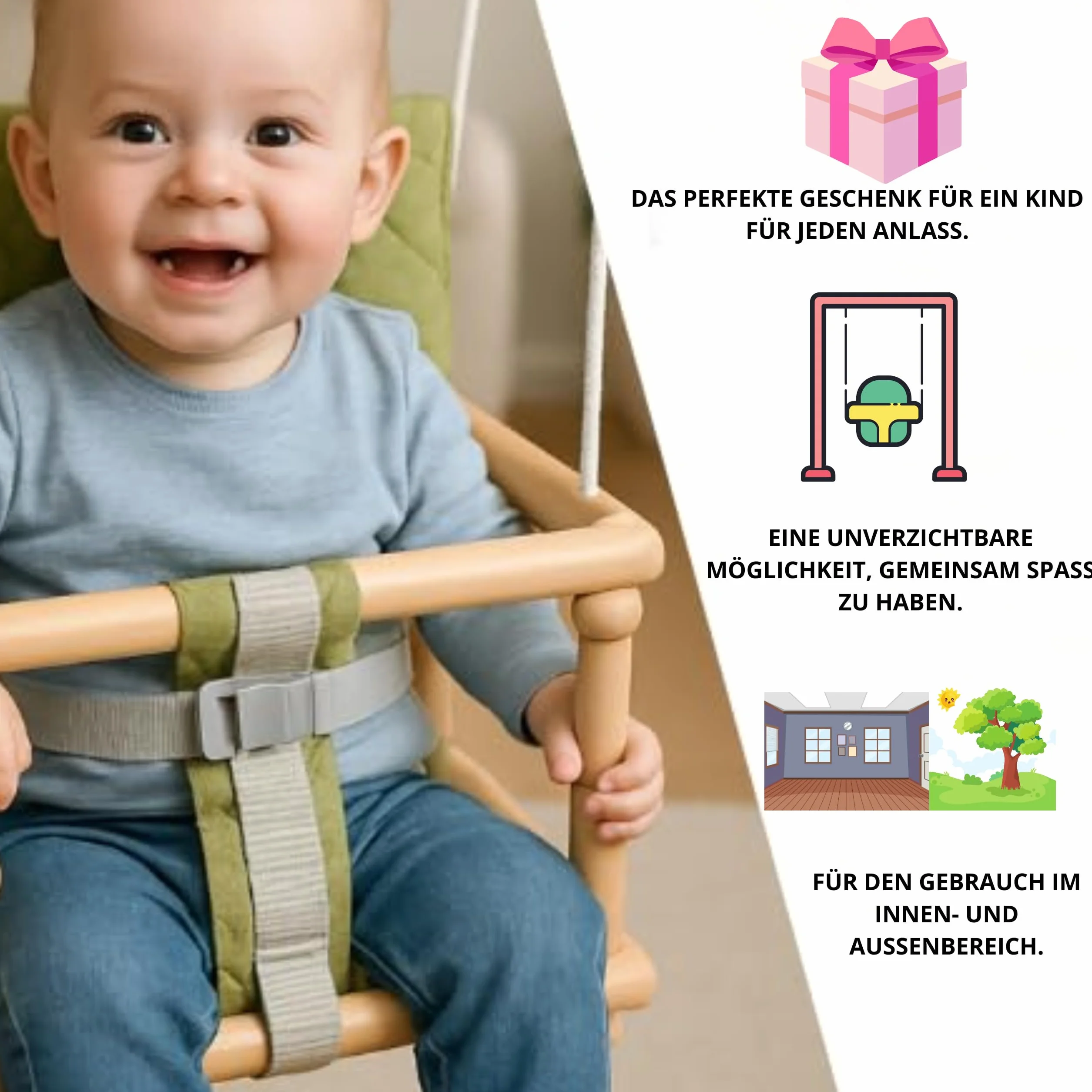 Drewniana huśtawka dla dzieci, huśtawka dla dzieci, huśtawka 3 w 1 + pas bezpieczeństwa, huśtawka dla malucha, huśtawka dla niemowląt, huśtawka dla dzieci, drewniana huśtawka do wewnątrz i na zewnątrz