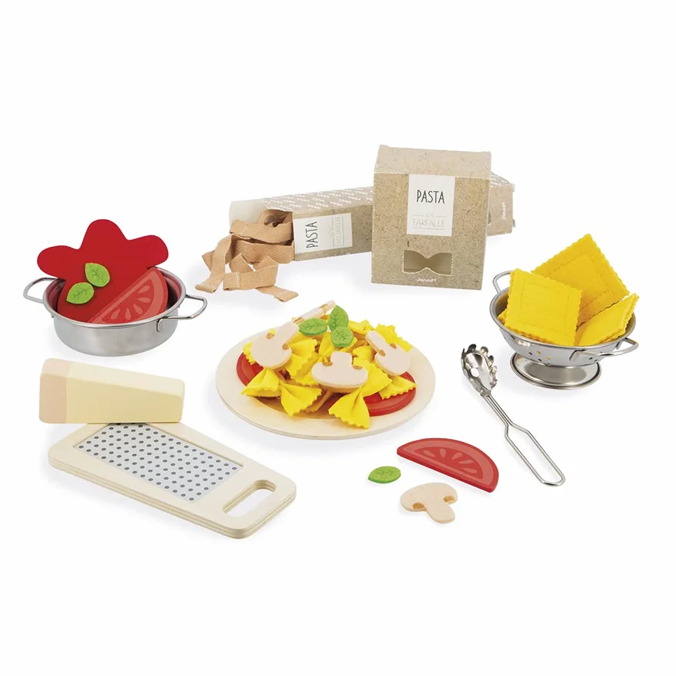 Janod - Pasta Mix - Zestaw Makaronów - Imitacja Gotowanie i Dinette - 58 elementów w zestawie z drewna, kartonu i filcu - Certyfikat FSC - Farba na bazie wody - Od 3 lat, J06598