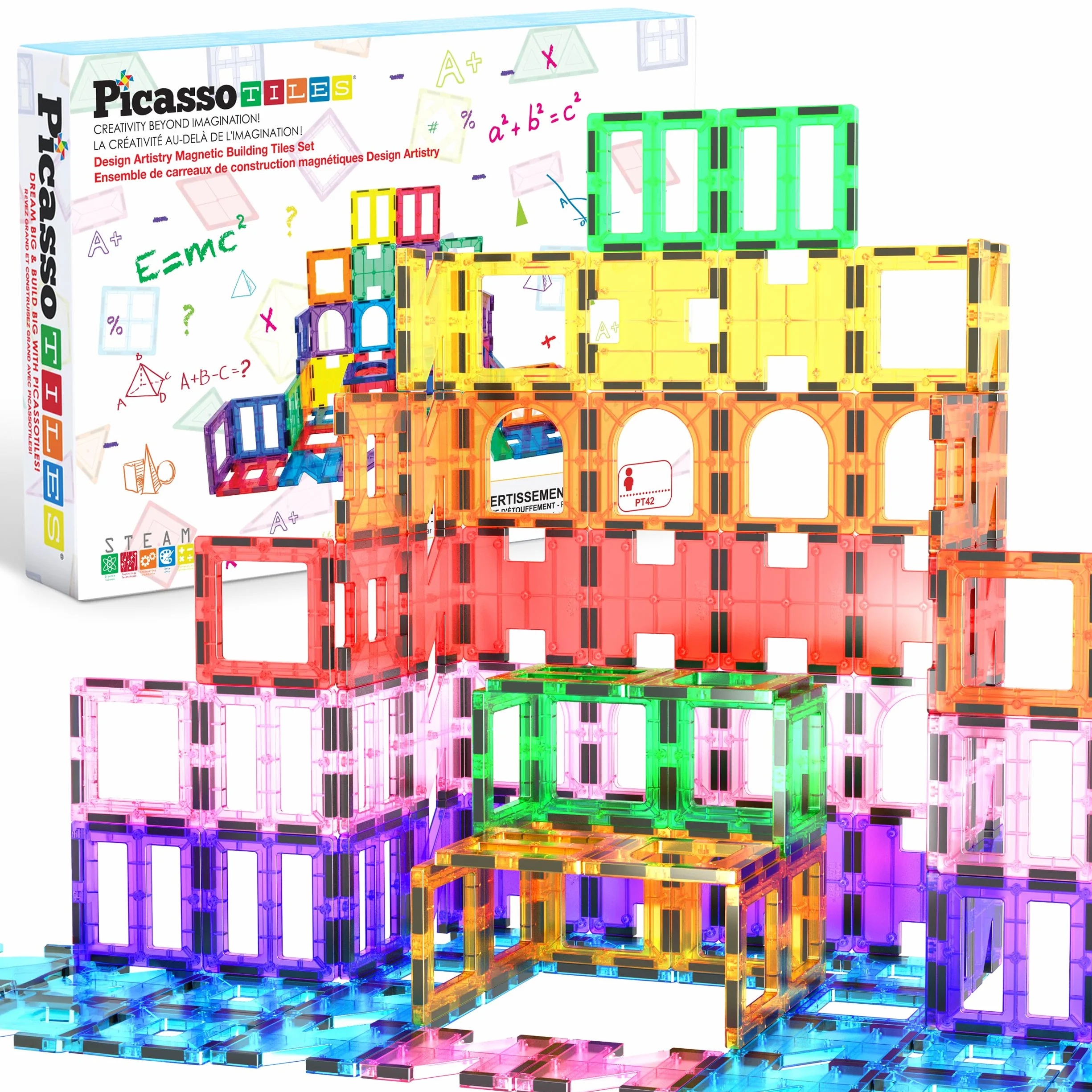 PicassoTiles PT42 Designer Artistry Kit 42 szt. Zestaw magnesów Building Tiles Clear Color Magnetic 3D Building Block - Kreatywność poza wyobraźnią! Edukacyjne, inspirujące, konwencjonalne,