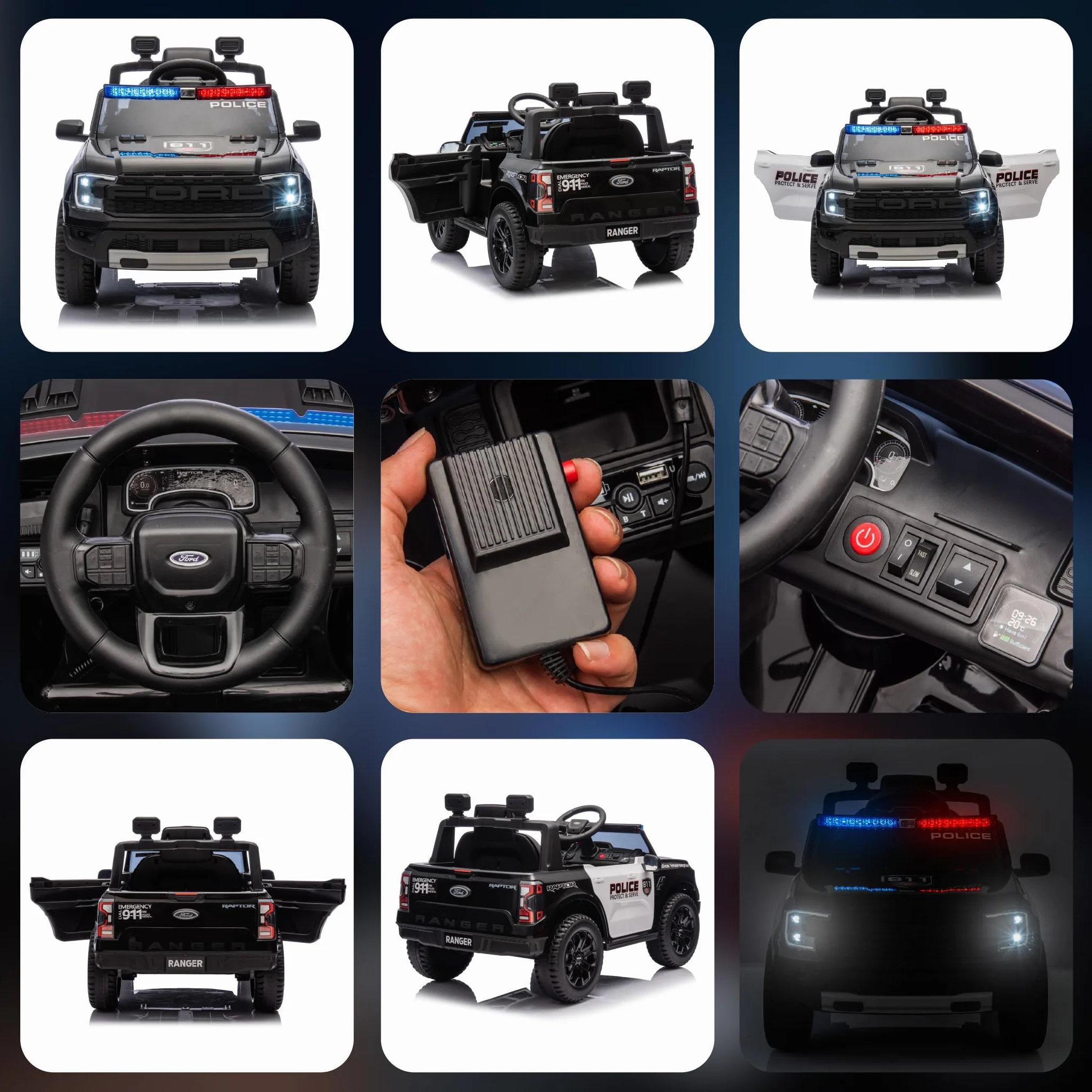 Jeździk samochód na akumulator Ford, od 3 roku życia, światło przednie, pilot sterowania, odtwarzacz MP3, zawieszenie sprężynowe (Policja)