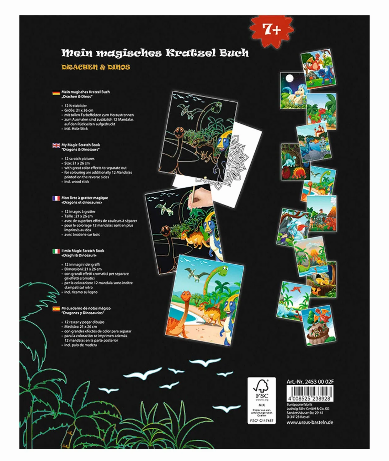Ursus 24530002F - Moja magiczna książka do drapania smoków i dinozaurów, obrazy do zdrapywania, wymiary ok. 21 x 26 cm, ze wspaniałymi efektami kolorystycznymi i 12 mandalami do malowania, łącznie z