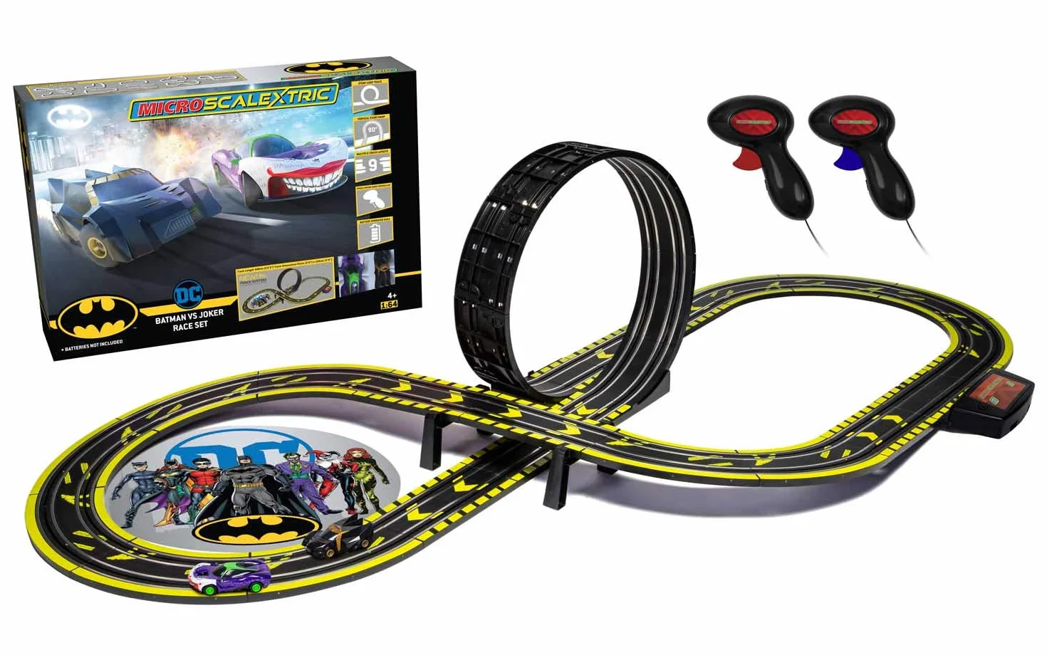 Micro Scalextric Zestawy torów wyścigowych dla dzieci w wieku od 4 lat - Batman vs Joker Track Builder, zestaw konstrukcyjny, tor samochodowy zasilany bateriami, samochody slotowe, pojazdy do zabawy