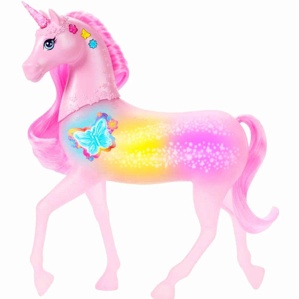 Barbie Magiczny jednorożec Baśniowe światełka Interaktywna zabawka jednorożec z 20 kombinacjami światełek, dźwięków i muzyki, zabawa aktywowana naciskaniem przycisków i głowy, JCP78