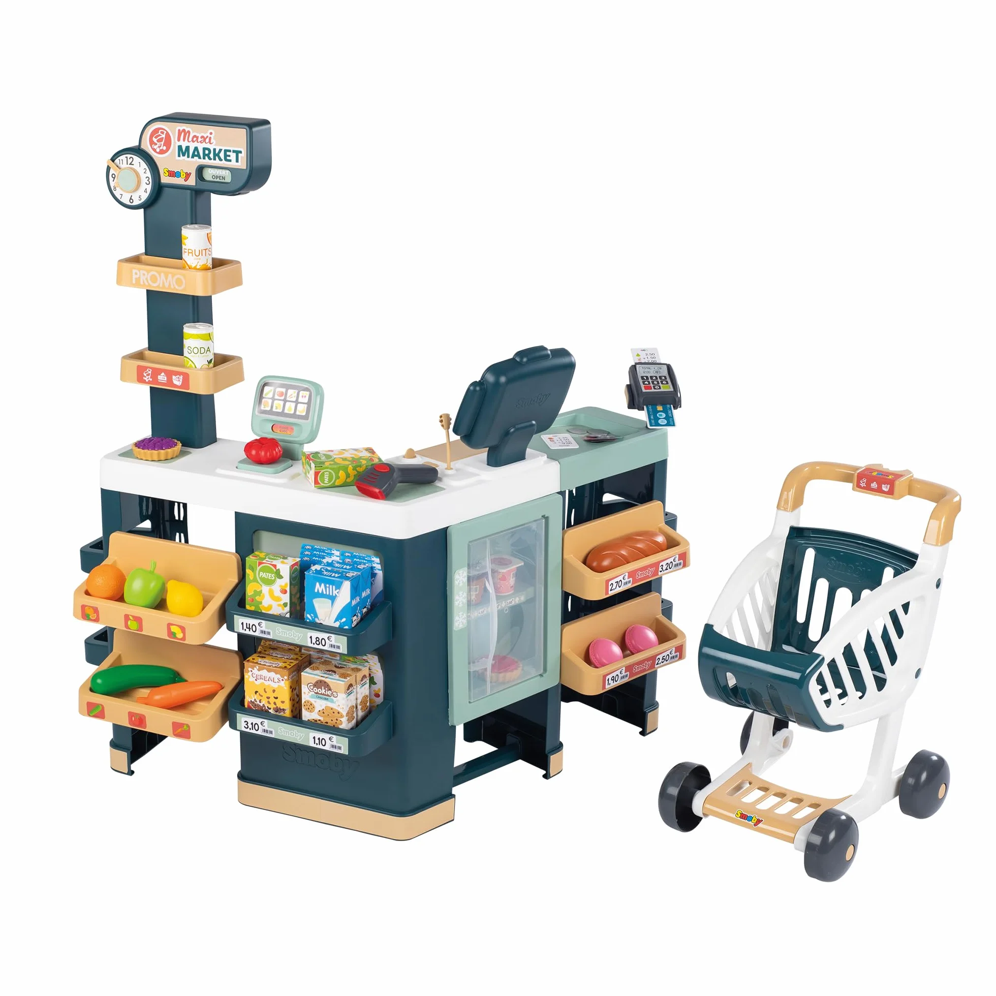 Smoby - Maxi Market - Supermarket dla dzieci - Wózek, półki, pudełka, warzywa, owoce - Strefa chłodnicza - Liczne akcesoria - Od 3 lat - Wyprodukowano we Francji