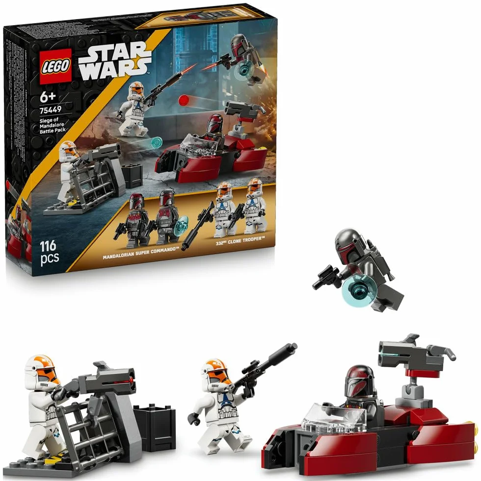 LEGO Star Wars Oblężenie Mandalory — zestaw bitewny, zabawka dla dzieci, klocki dla 6-latka z czterema minifigurkami i śmigaczem, pomysł na prezent dla chłopców i dziewczynek w wieku od 6 lat 75449