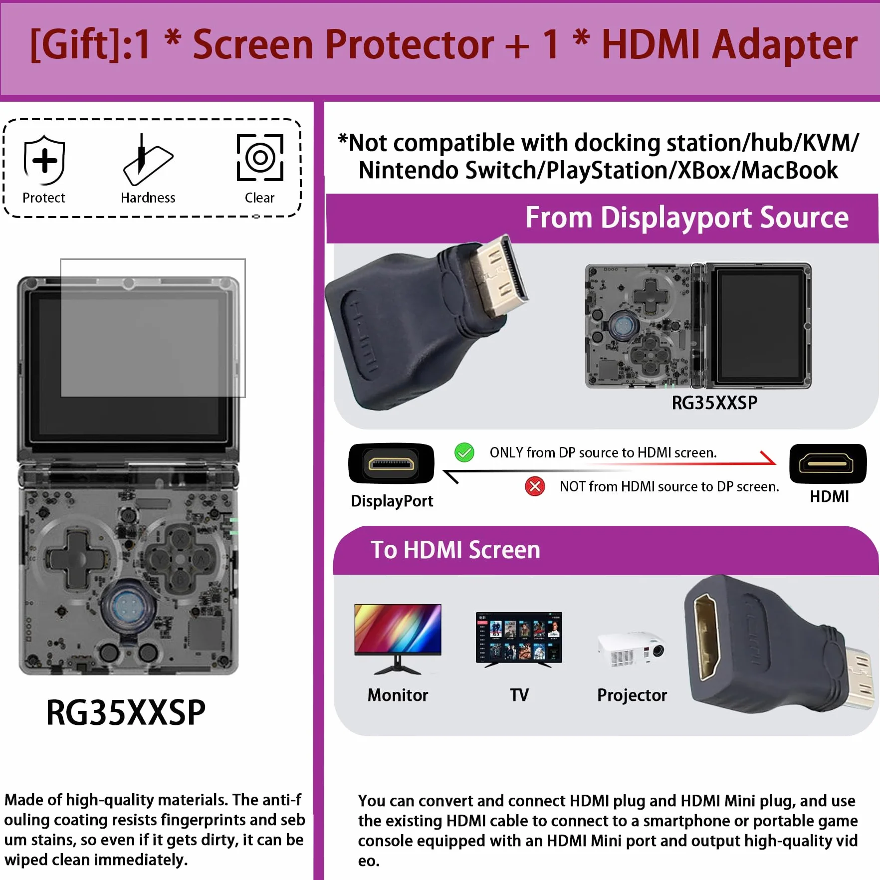 Khanka Twardy futerał do przenoszenia Anbernic RG35XXSP retro ręczna konsola do gier, pokrowiec do przechowywania z 1 adapterem HDMI, 1 osłoną ekranu, konsola do gier RG35XXSP nie jest dołączona.