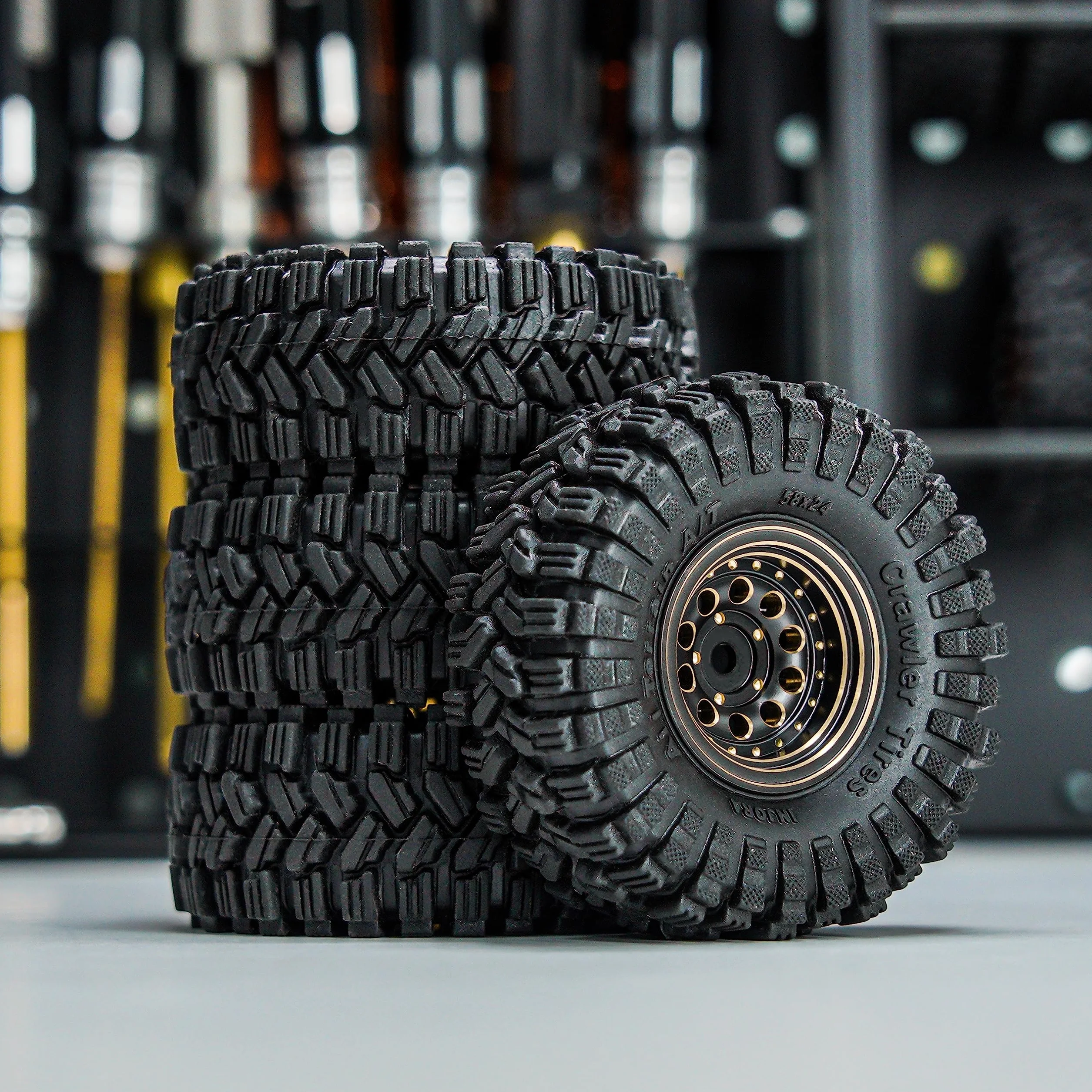 INJORA Czarna powłoka mosiężna 1.0 Beadlock zestaw kół z oponami do Axial SCX24 AX24 TRX4M FCX24 1/24 1/18 RC Crawler