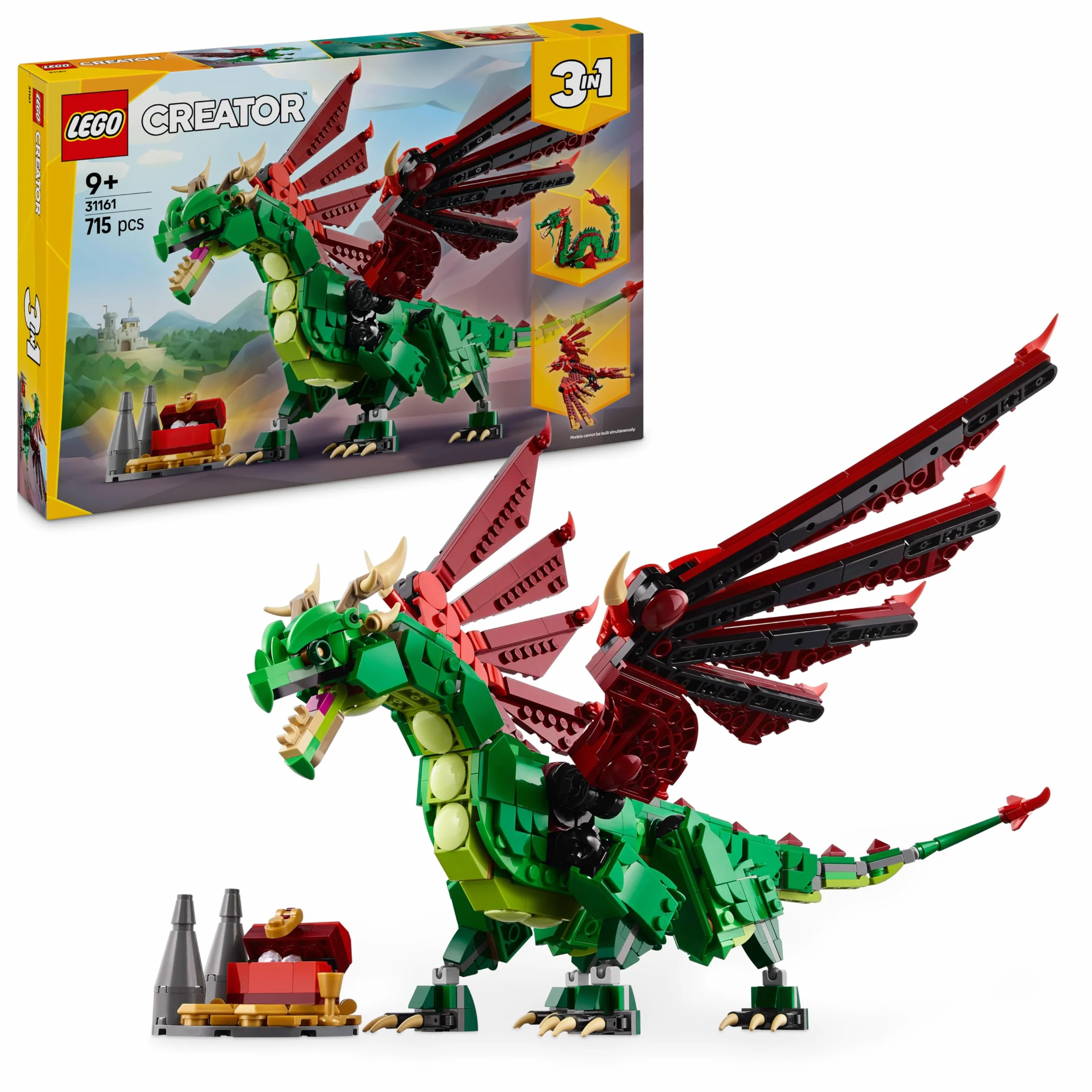 LEGO Creator 3 w 1 Średniowieczny smok, Zabawka Konstrukcyjna dla Dziecka do Przebudowania na Mityczne Stworzenia: Węża Morskiego lub Feniksa, Prezent dla 9-latka, Dziewczynki i Chłopca 31161