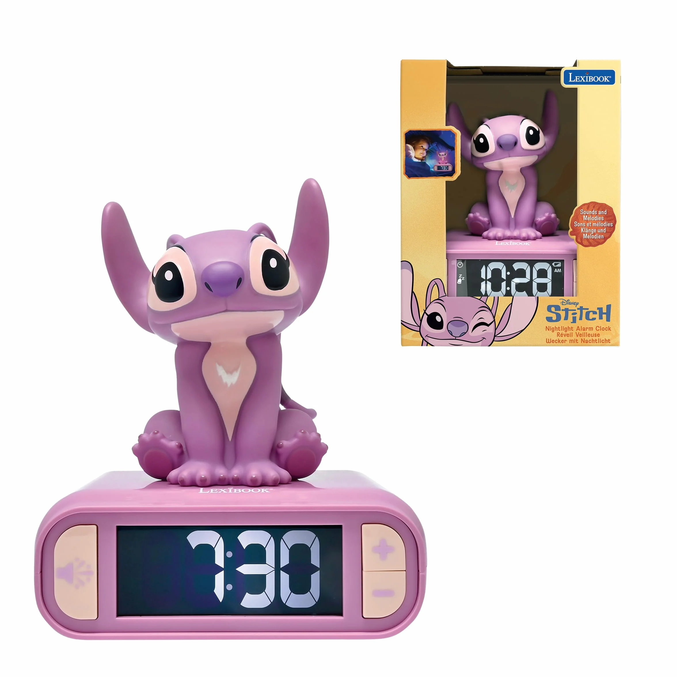 Lexibook, Disney Stitch, Budzik z Lampką Nocną Angel, Dźwięki i Melodie, Podświetlany Ekran LCD, LuminoUS, Drzemka, Różowy, RL800D1