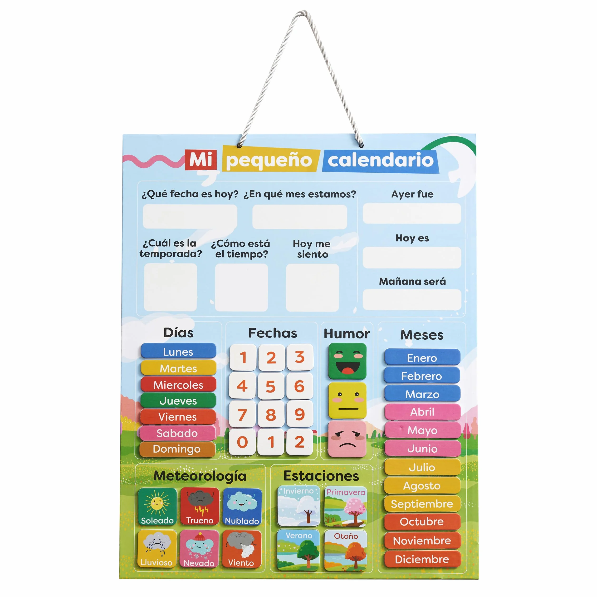 Chuckle Kalendarz magnetyczny dla dzieci ze stacjami, datami i czasem (po hiszpańsku) - 40x32 cm - Zabawna gra edukacyjna dla dzieci w wieku 4-10 lat