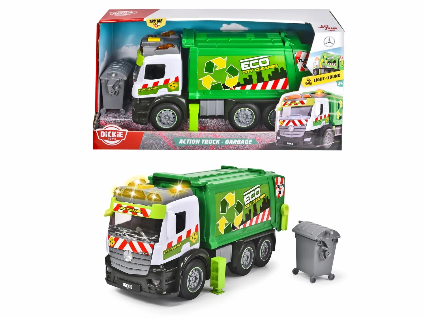 Dickie Toys 203745014 CITY Śmieciarka Mercedes z ruchomym koszem z dźwiękiem i światłem ostrzegawczym, funkcja załadunku i rozładunku, auto zabawkowe dla dzieci od 3 lat, 26 cm