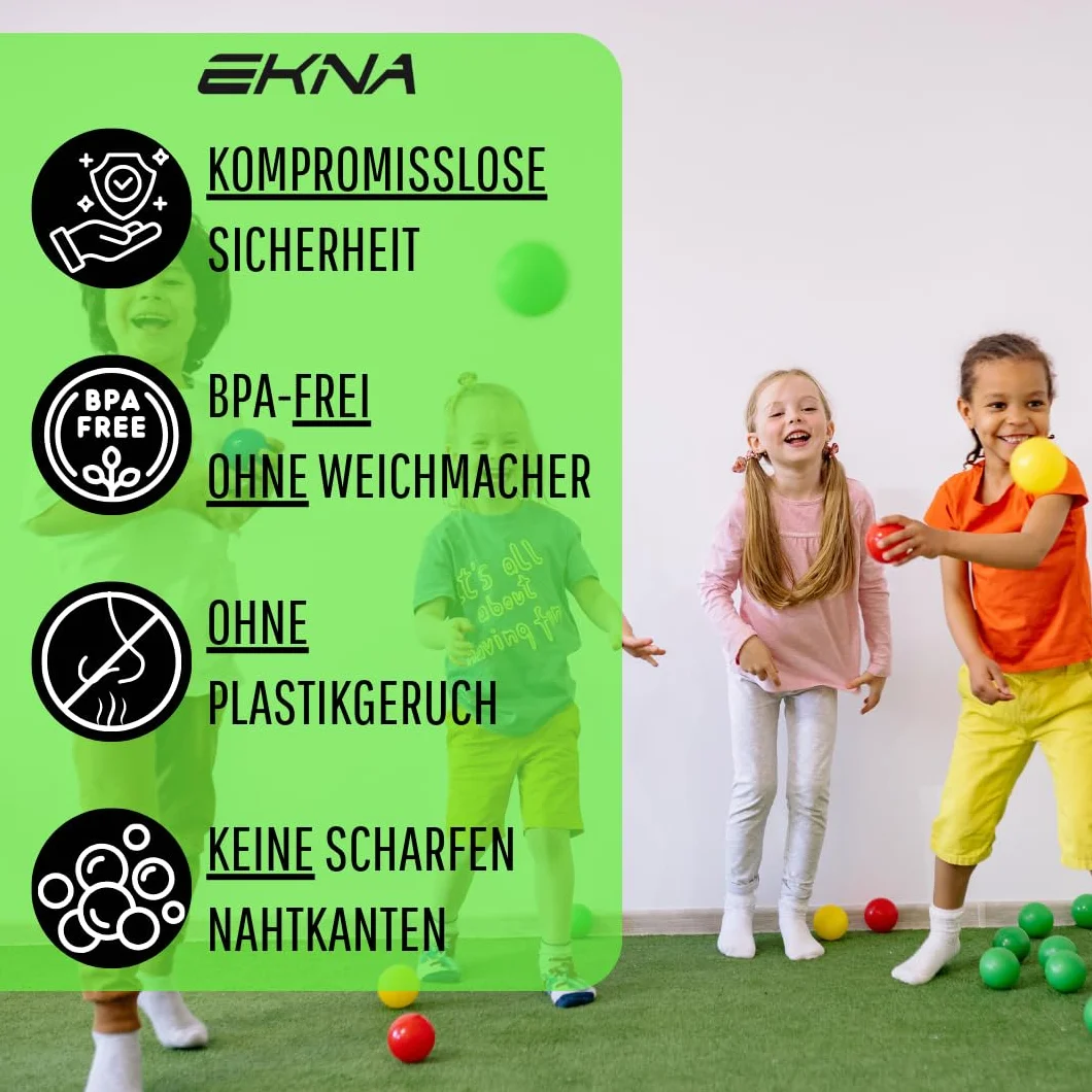 EKNA Spielbälle Ø 5cm - Bällebad Bälle 200 Stück - Bunte Auswahl für Bällebad-Pool - Plastikbälle Baby-Bälle Farben Hellgrün Hellblau Gelb Rosa Weiß Lila